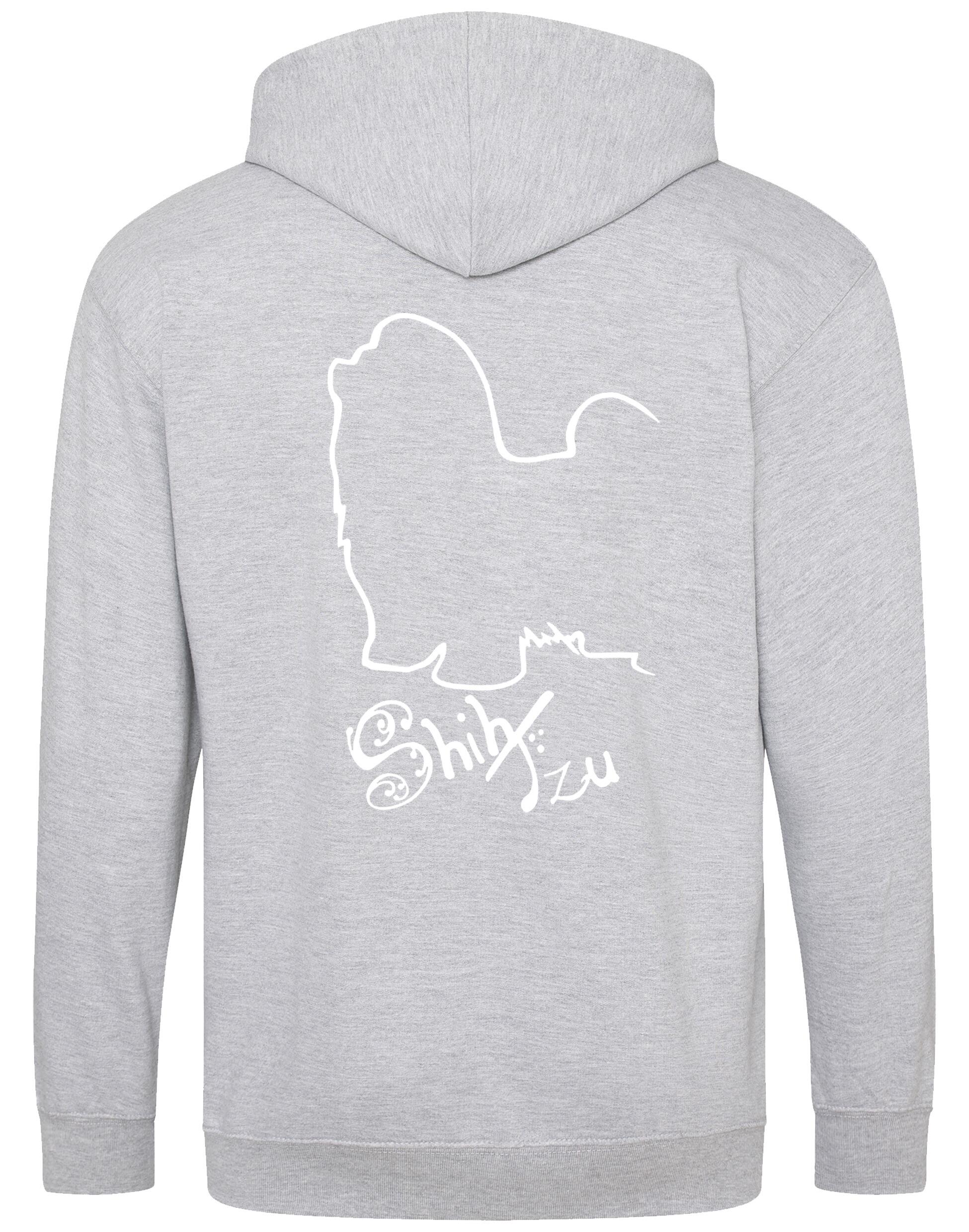 Shih Tzu zipped hoodie with paw prints on the front and detailed breed design on the back, full-zip style with hood and pockets, perfect for breed lovers.