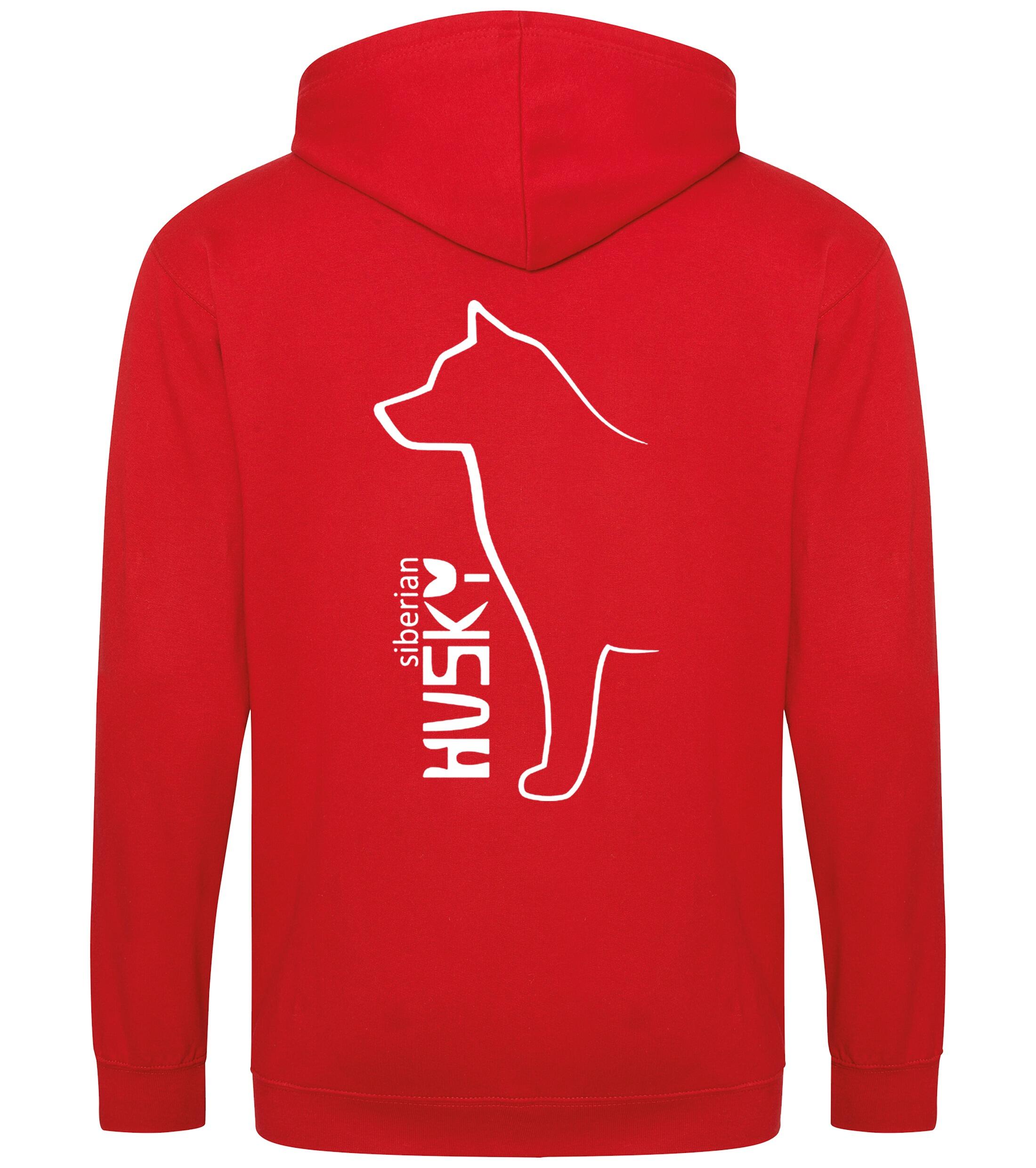 Unisex zipped hoodie featuring exclusive Siberian Husky artwork on the back and paw prints on the front, with a full-zip front, double-fabric hood, and cozy brushed fleece lining—ideal for Husky lovers seeking warmth and style.