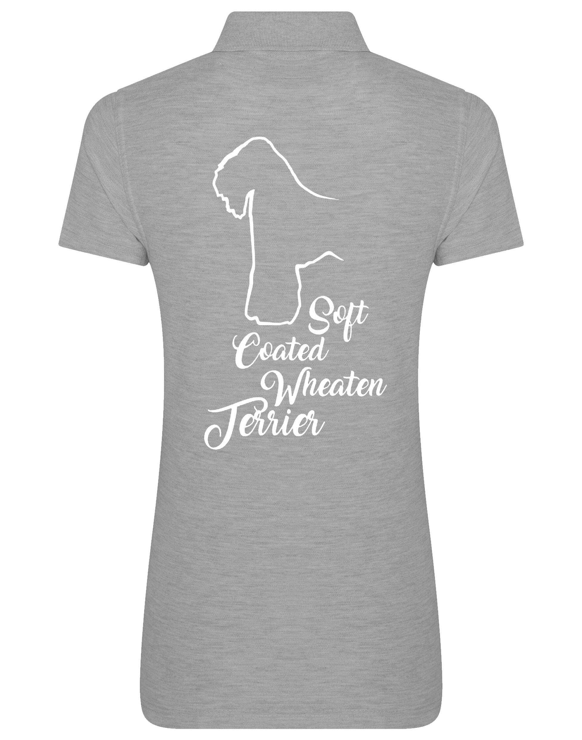 Women’s cotton polo shirt with Soft Coated Wheaten Terrier artwork on the back, breathable and flattering feminine fit