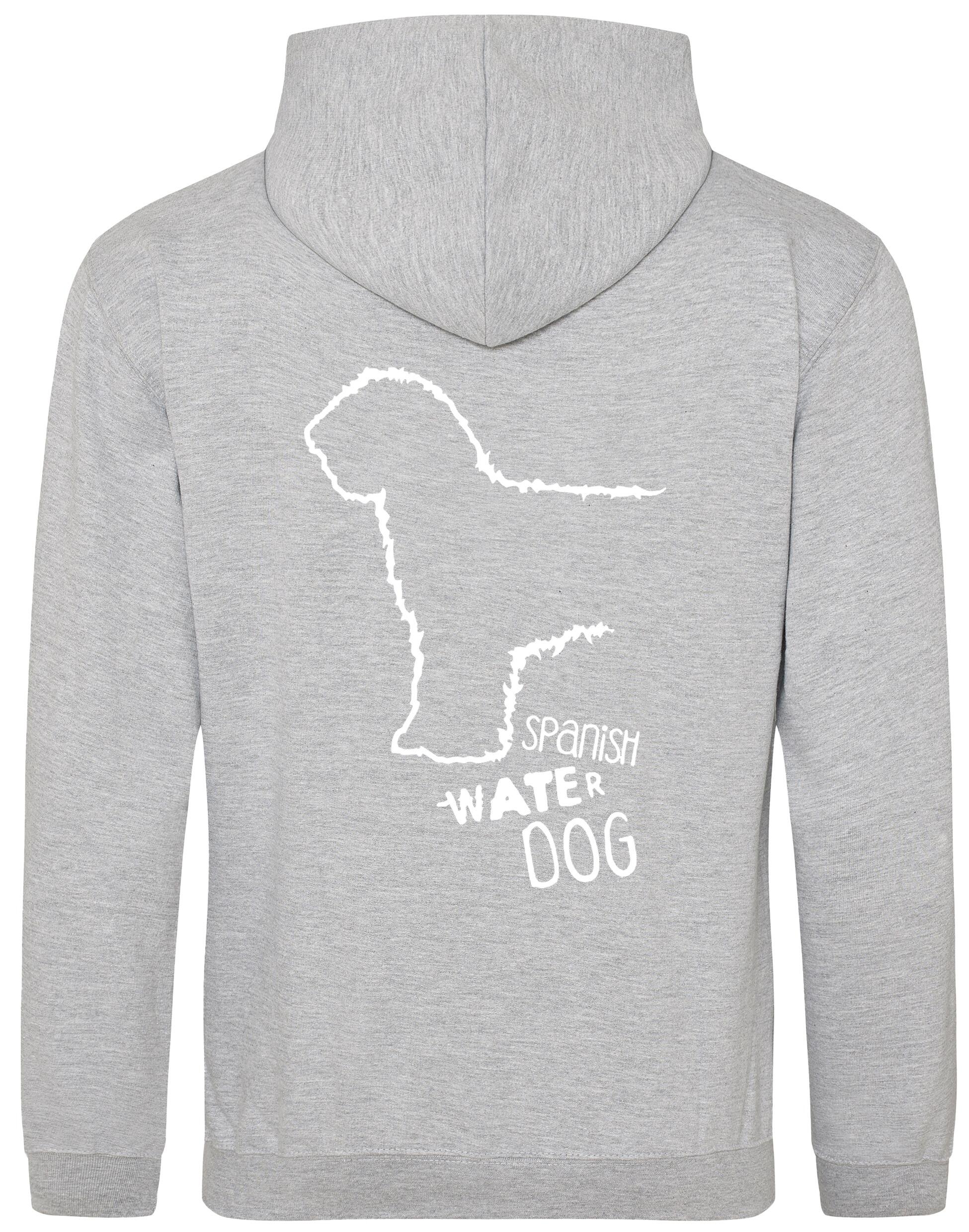 Pullover hoodie featuring Spanish Water Dog artwork on the back and paw prints on the front. Heavy-blend fabric with a brushed fleece interior, double-fabric hood, kangaroo pocket, and ribbed cuffs—ideal for cold weather, breed events, and casual comfort.