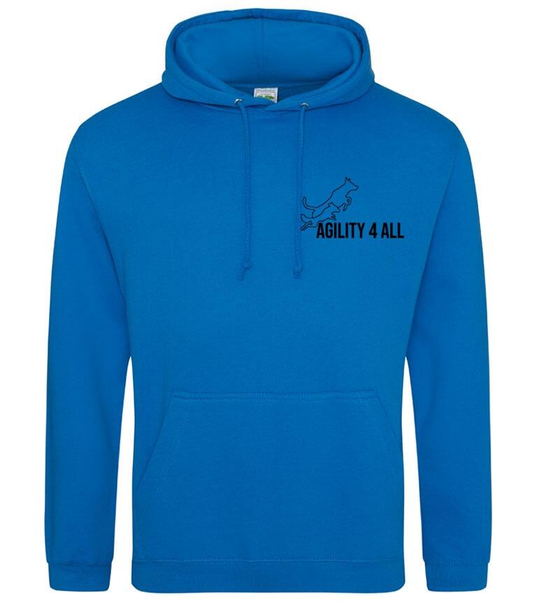 Agility 4 All - Official Clothing - Sapphire Blue Hoodie (Front with black Printed logo)
