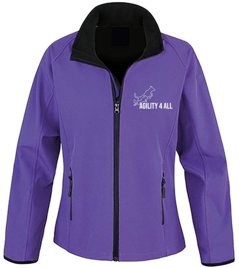 Agility 4 All Official Clothing - Purple Female Softshell Jacket Front Image - White Printed Logo