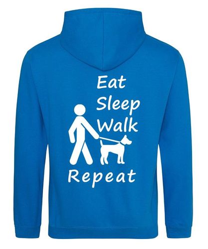 Eat Sleep Walk Repeat Design on a Sapphire Blue Pullover Hoodie White Print