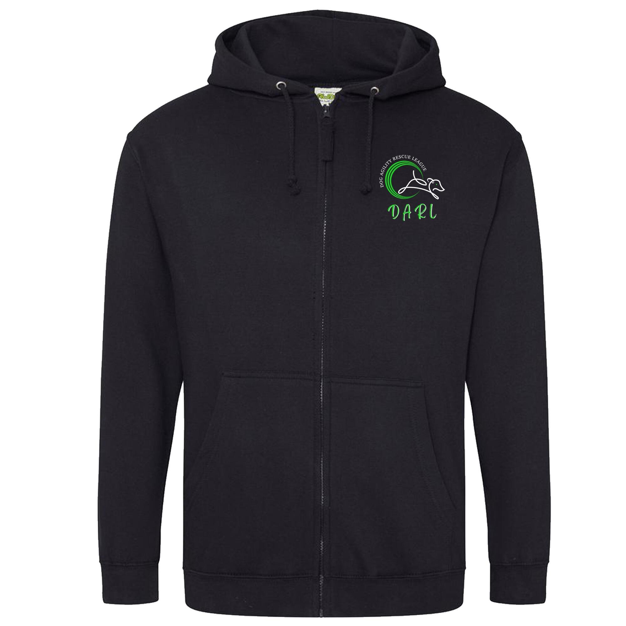 DARL Official Black Unisex Zipped Hoodie, featuring the DARL logo, offering warmth and support for the Dog Agility Rescue League, perfect for casual wear.