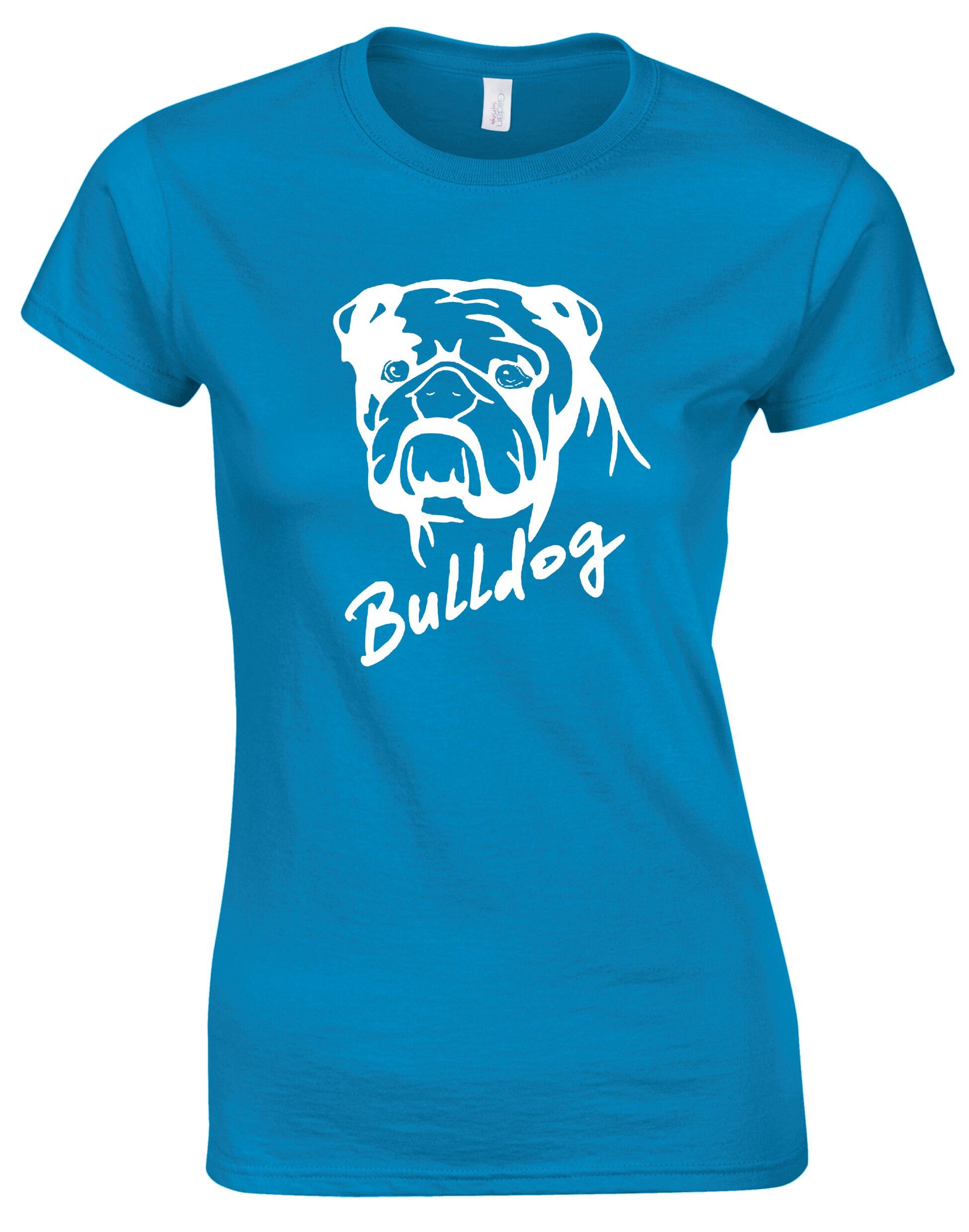Female Bulldog (Head Design) Roundneck T-Shirt Sapphire Blue (White)