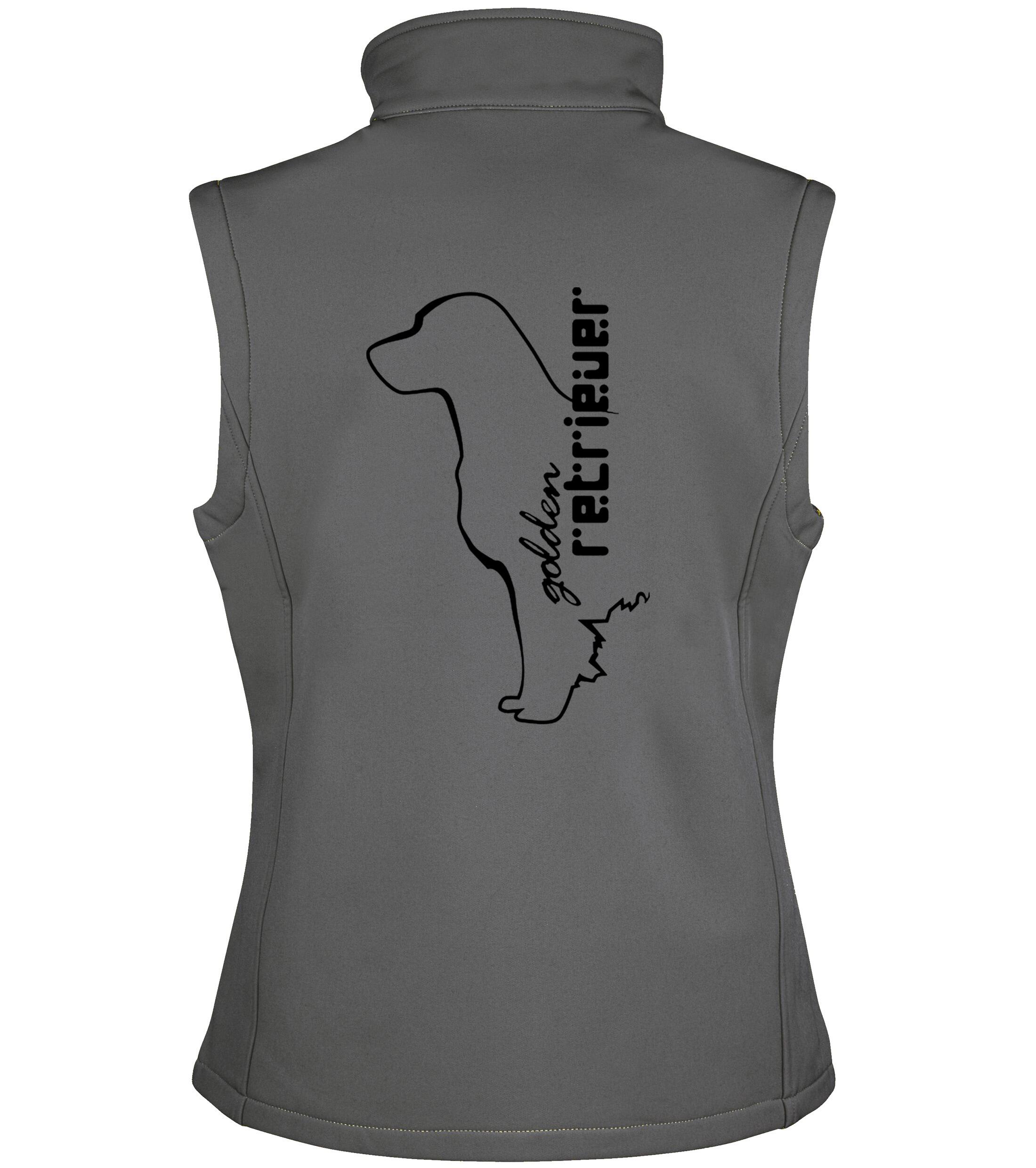 Women’s Softshell Gilet featuring an exclusive Golden Retriever design, crafted from water-resistant fabric with a tailored fit, offering style, comfort, and customization options for dog lovers.