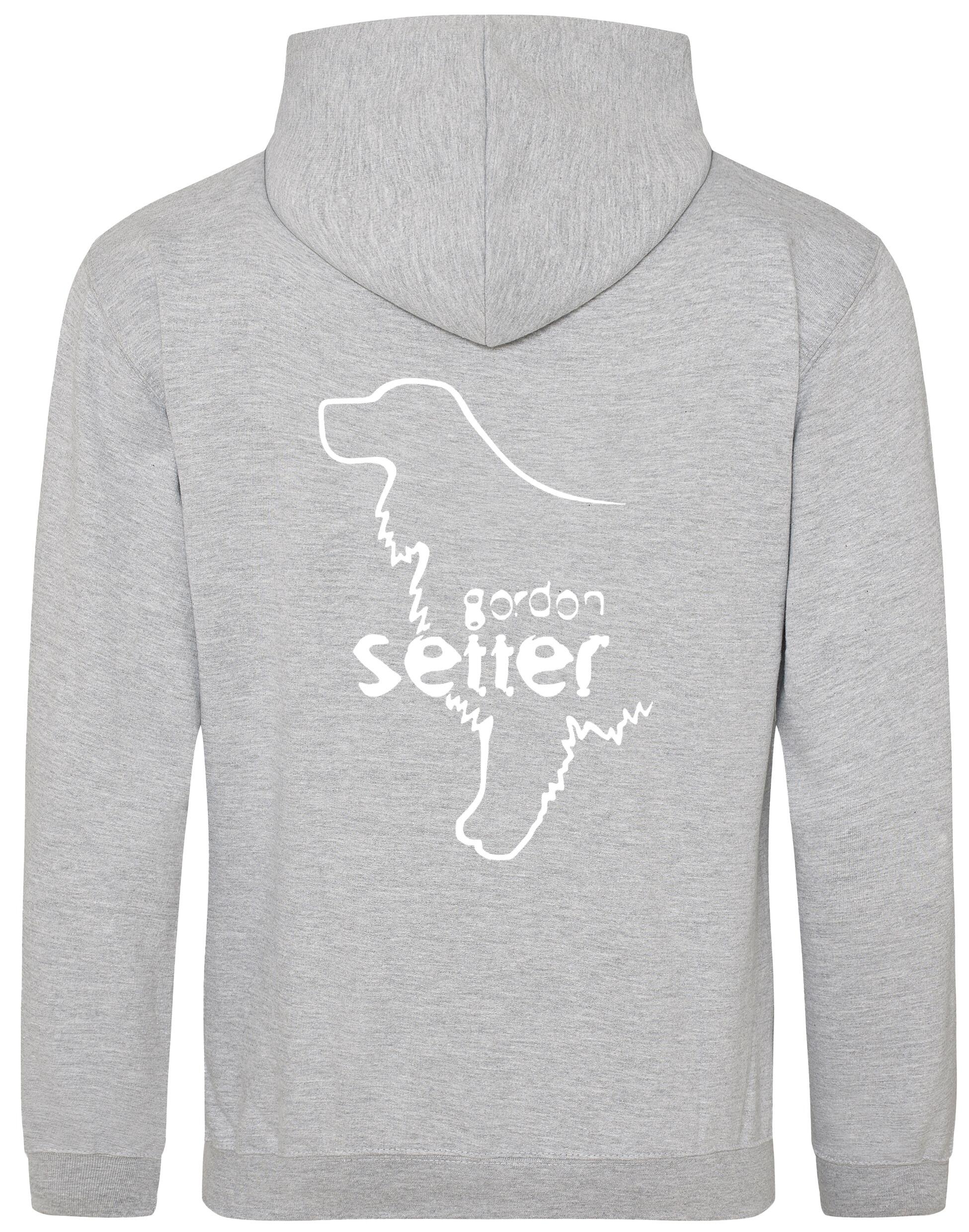 Pullover Hoodie featuring exclusive Gordon Setter design with paw prints, heavy-blend fabric, soft fleece lining, and personalization options.