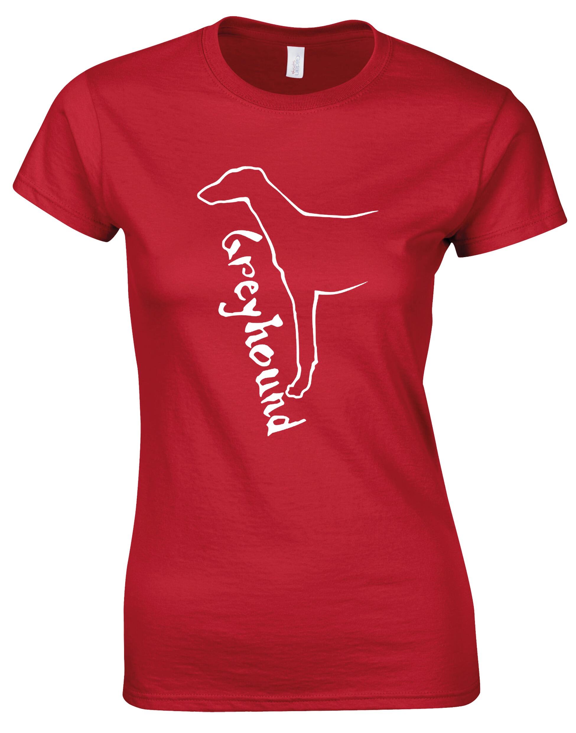 Female Greyhound roundneck T-shirt with exclusive breed graphic, soft cotton fabric, and tailored feminine fit, perfect for dog lovers.