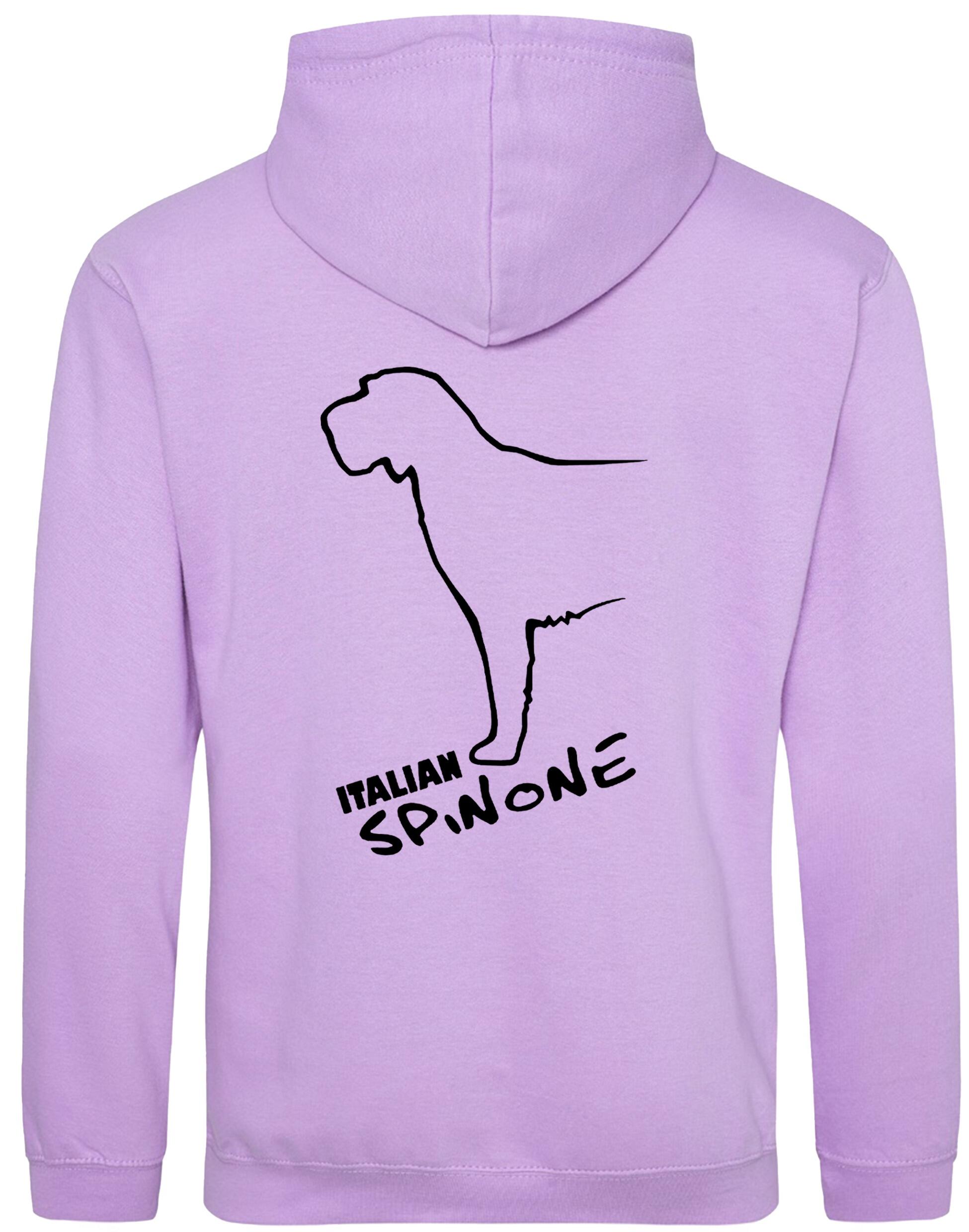 Italian Spinone pullover hoodie featuring exclusive breed artwork, paw print accents, kangaroo pocket, and double-fabric hood, personalized for dog lovers.