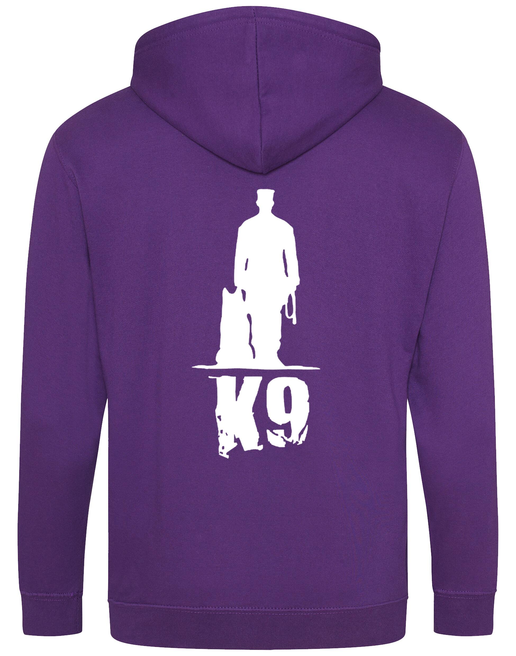 K9 zipped hoodie with exclusive artwork, full-zip closure, double-fabric hood, and spacious pockets, offering warmth, style, and comfort for dog enthusiasts.