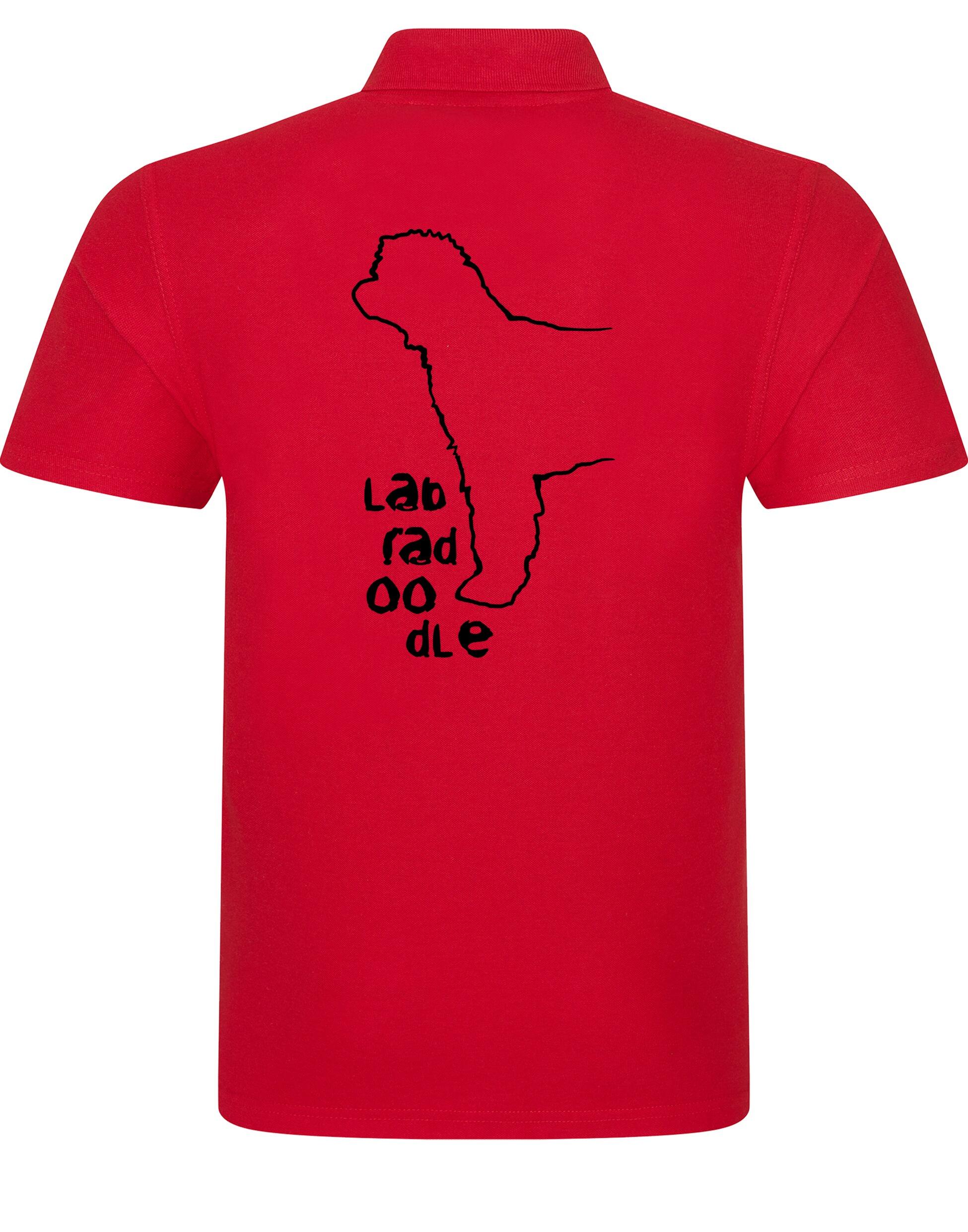 Unisex Cotton Polo with a vibrant Labradoodle design on the back, crafted from breathable fabric for lasting comfort and style.
