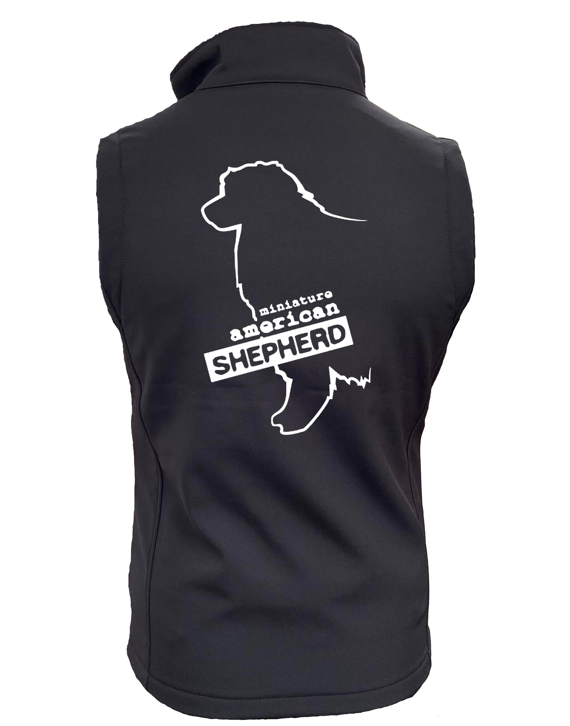Miniature American Shepherd Softshell Jacket with fleece lining, water-resistant fabric, and exclusive breed artwork for stylish outdoor wear.