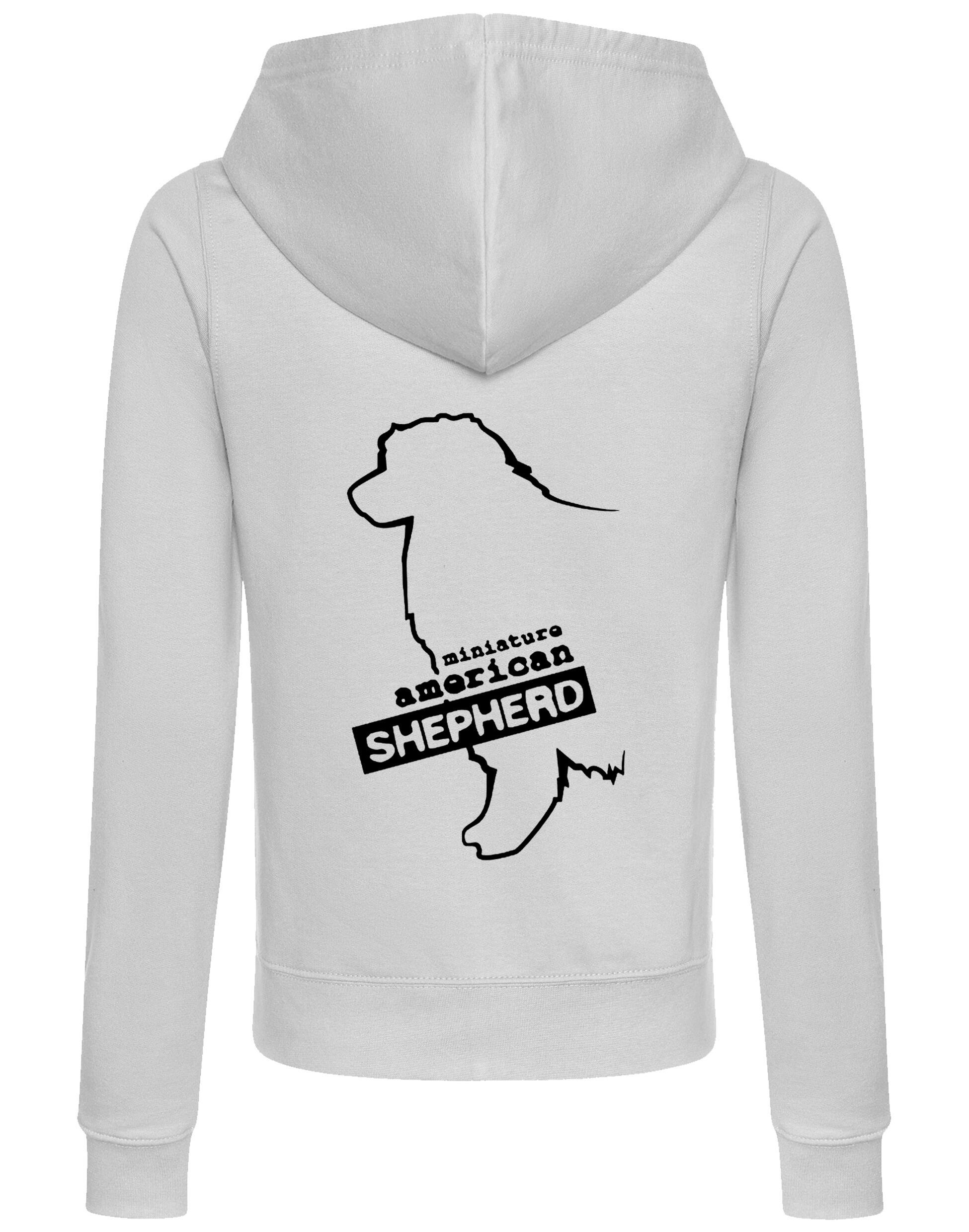 Miniature American Shepherd Women’s Zipped Hoodie with exclusive breed artwork, cozy hood, and practical front pockets.