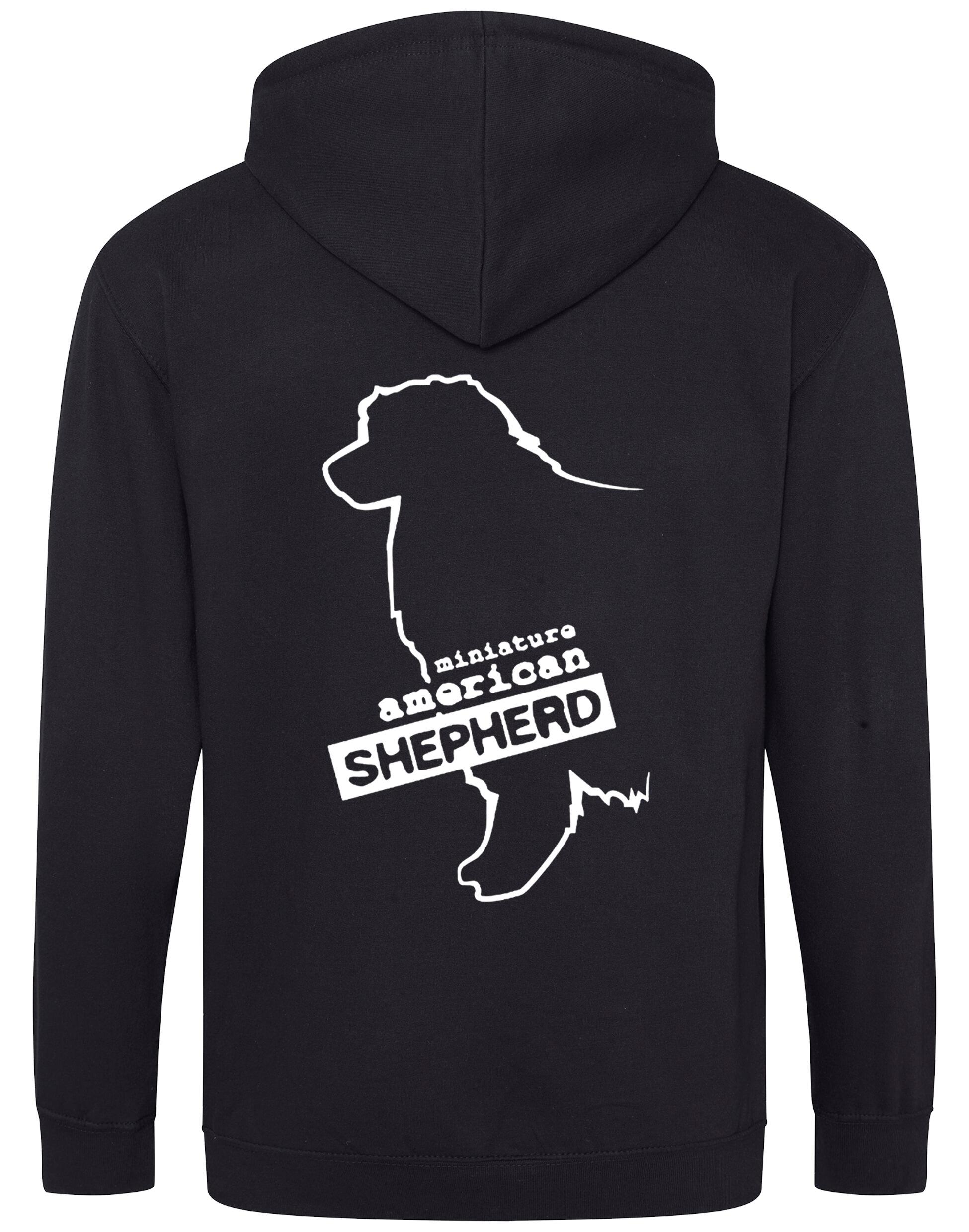 Miniature American Shepherd Zipped Hoodie featuring exclusive breed artwork, cozy fleece lining, and spacious front pockets.