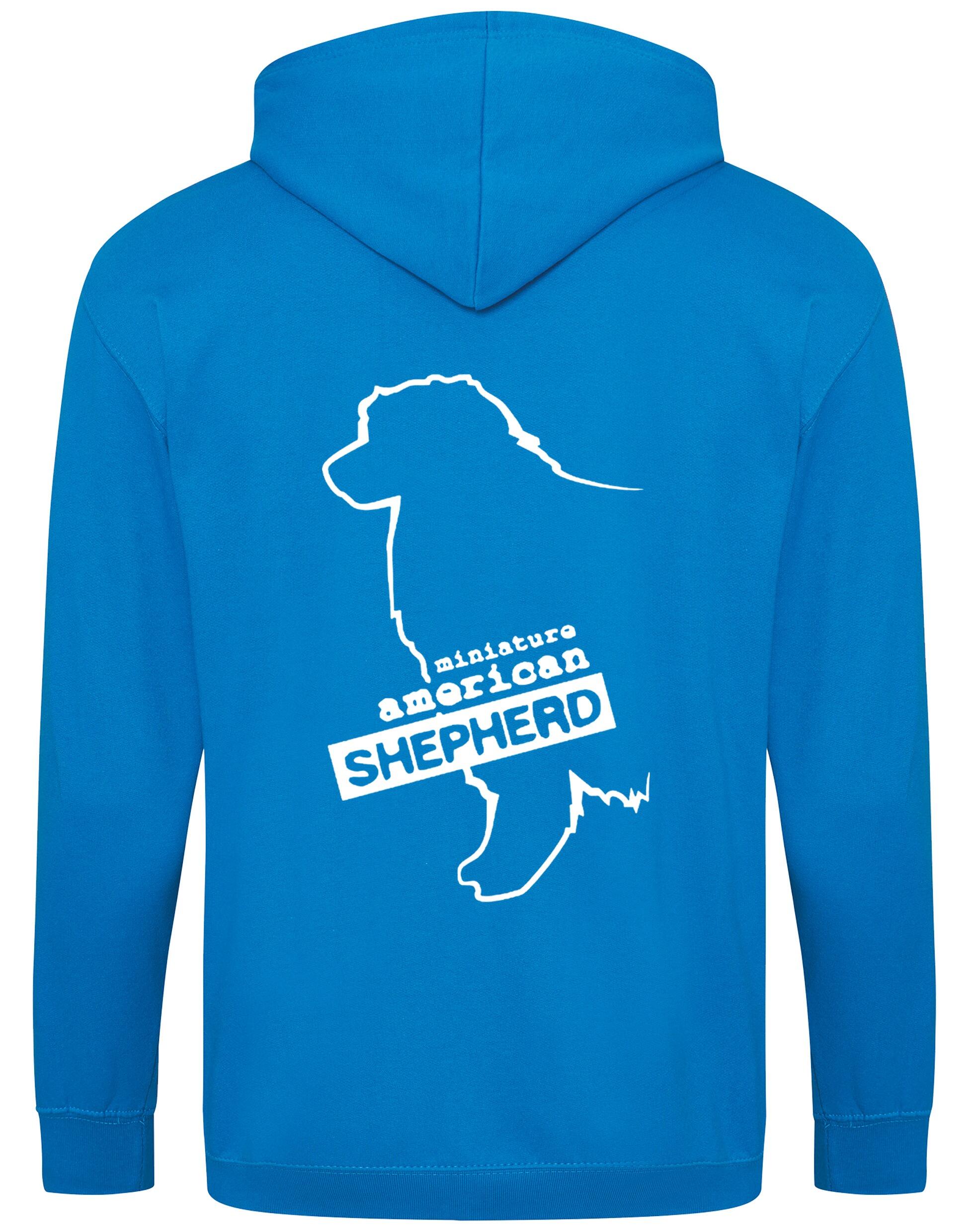 Miniature American Shepherd Zipped Hoodie featuring exclusive breed artwork, cozy fleece lining, and spacious front pockets.