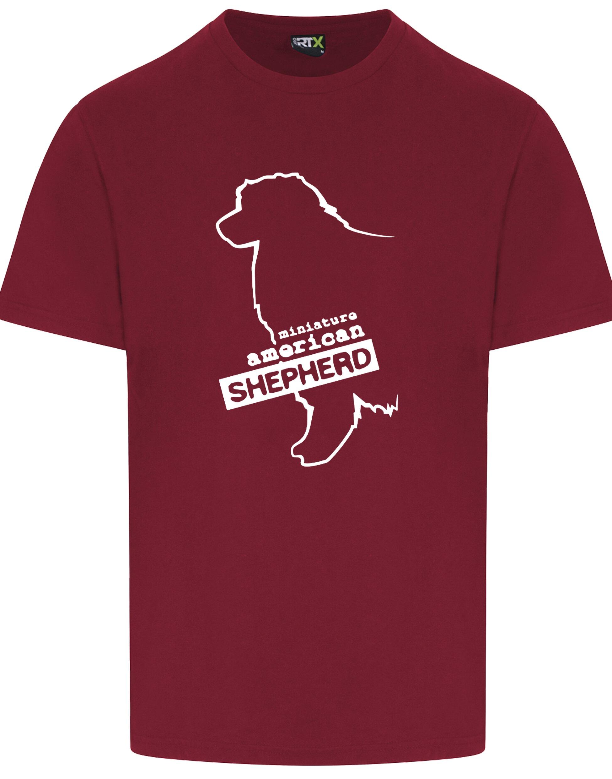 Miniature American Shepherd Roundneck T-shirt featuring exclusive breed artwork, soft cotton fabric, and a relaxed unisex fit.