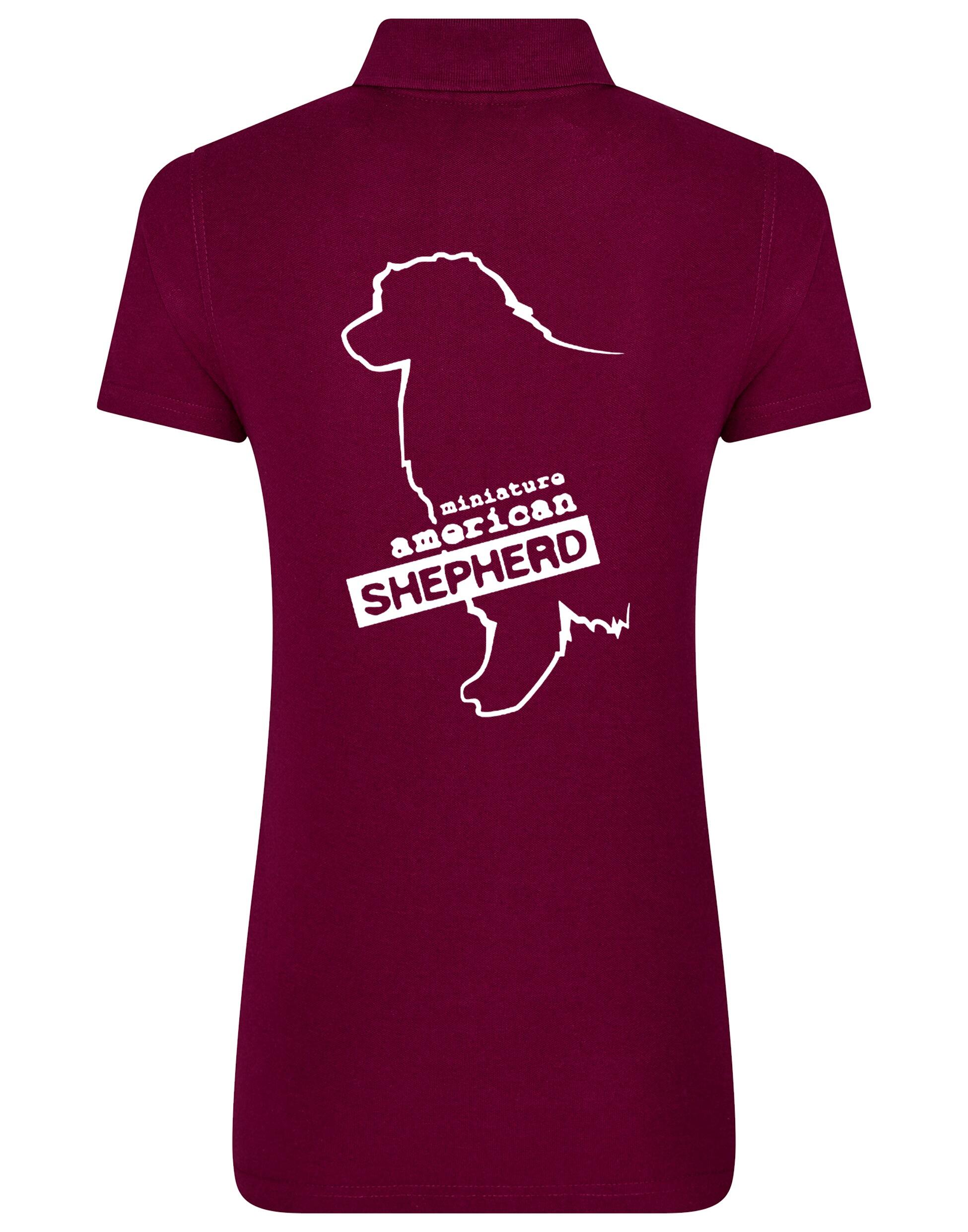 Miniature American Shepherd Women’s Cotton Polo featuring exclusive breed artwork, soft breathable fabric, and a flattering feminine fit.