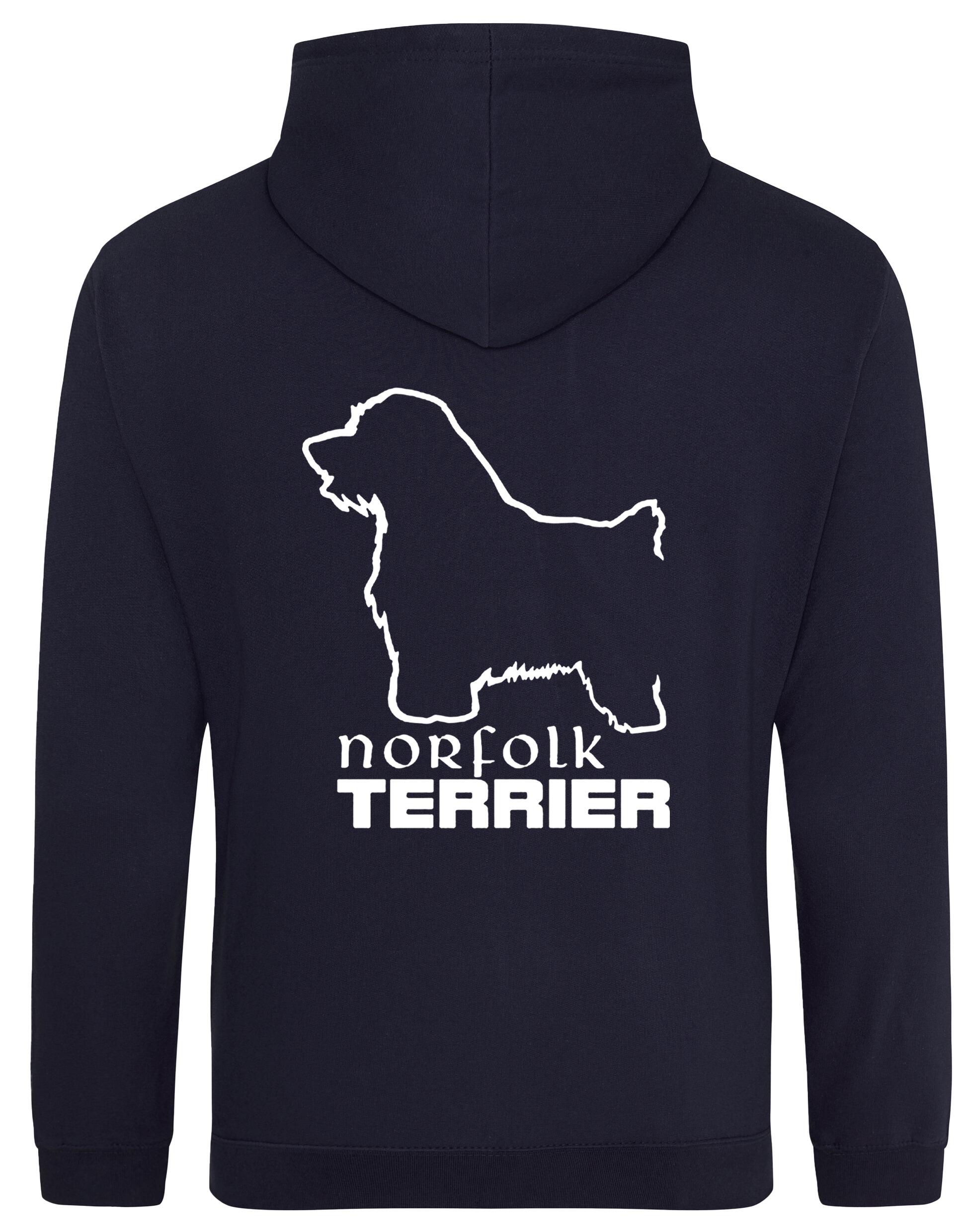 Norfolk Terrier Pullover Hoodie featuring exclusive breed artwork on the back, heavy-blend fabric with brushed fleece interior, and kangaroo pocket for warmth and comfort. A stylish and practical choice for Norfolk Terrier lovers.