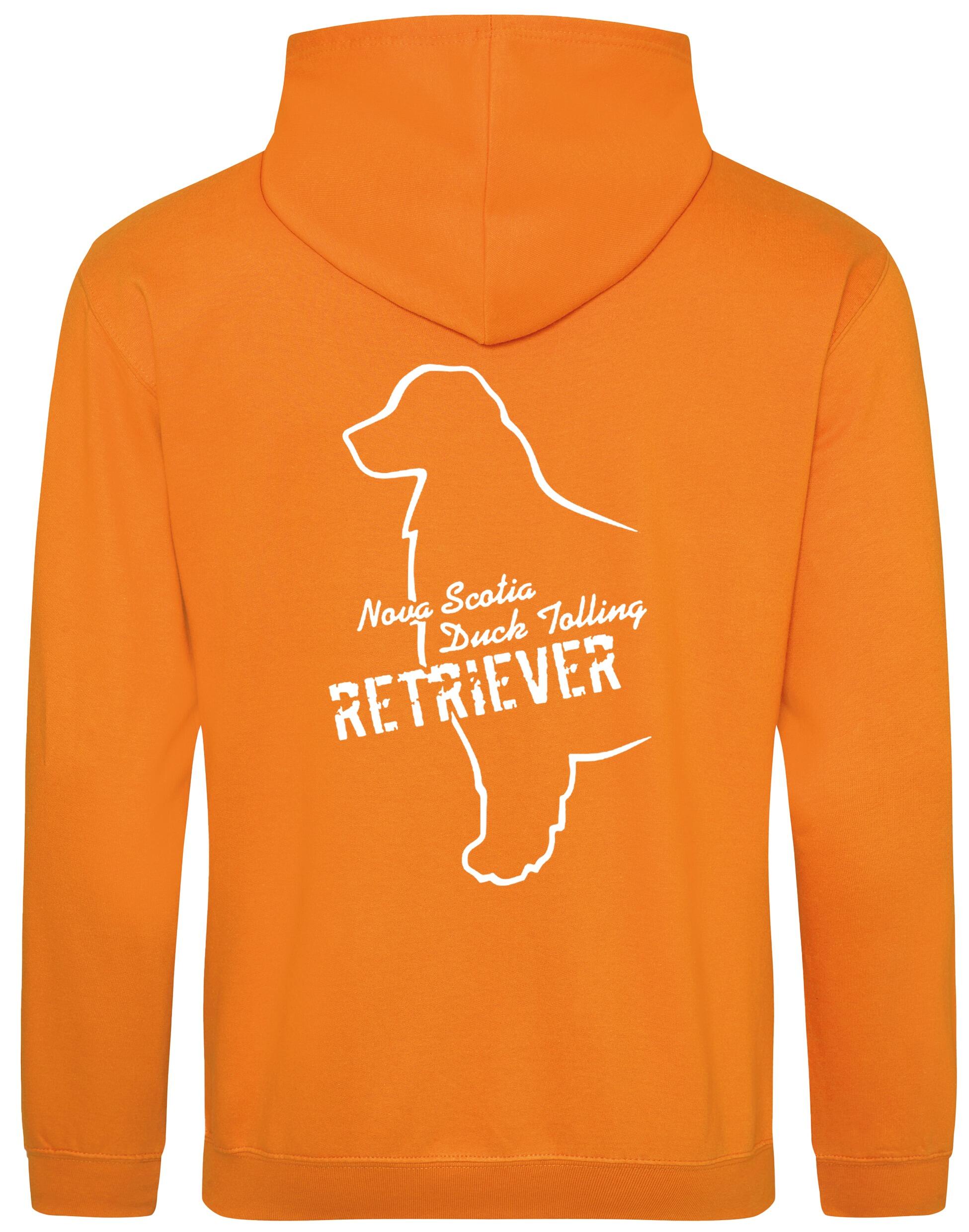 Soft fleece-lined Nova Scotia Duck Tolling Retriever pullover hoodie featuring a detailed breed design on the back. Includes a kangaroo pouch pocket, ribbed cuffs, and a double-fabric hood. Perfect for breed enthusiasts, casual wear, and outdoor adventures.