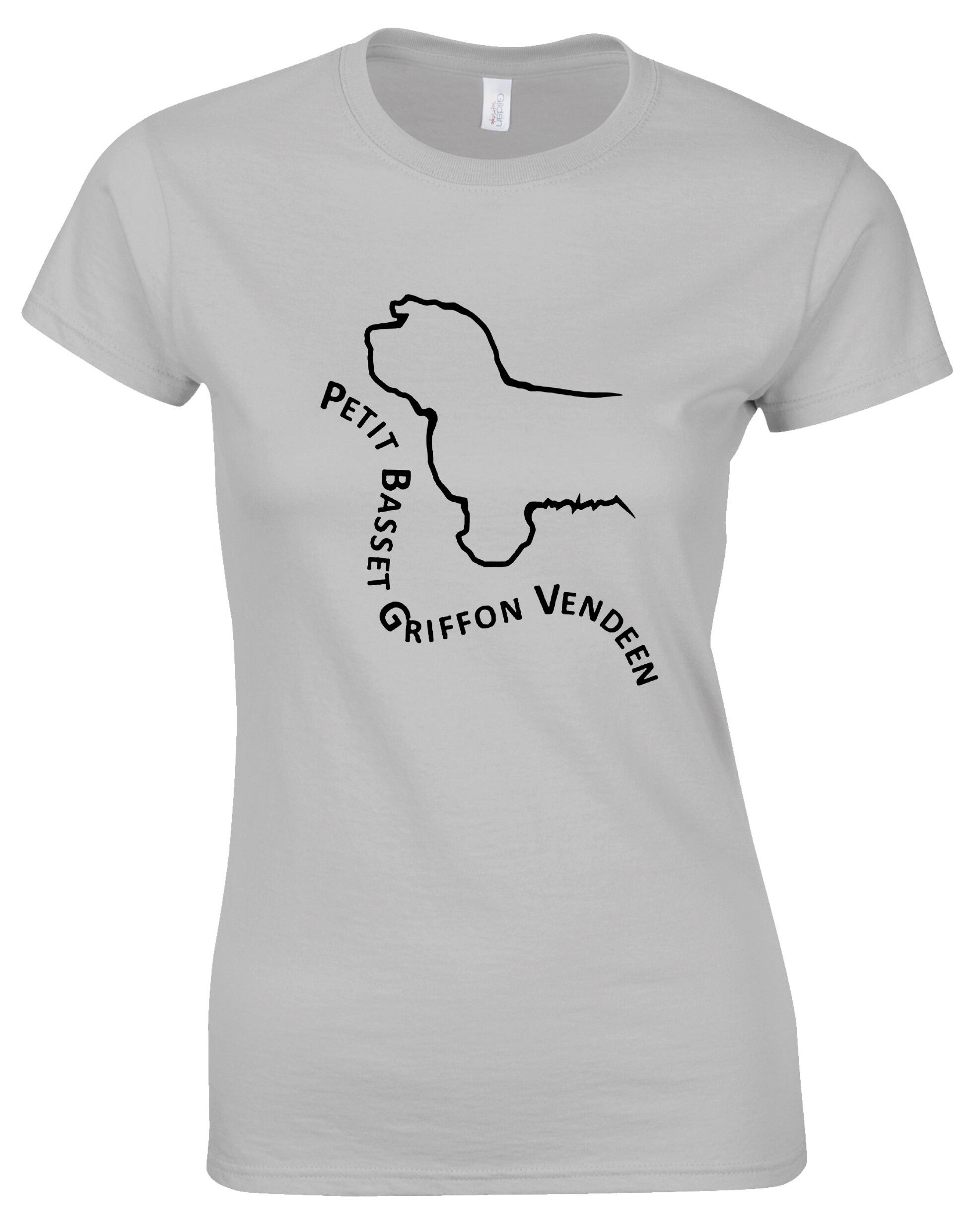 Petit Basset Griffon Vendéen Female Roundneck T-Shirt – soft, breathable cotton t-shirt with exclusive breed artwork, tailored feminine fit, and classic round neckline for casual comfort.