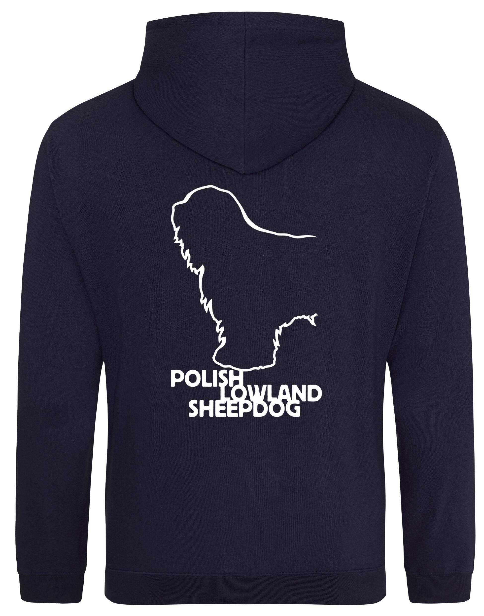 Polish Lowland Sheepdog Pullover Hoodie featuring exclusive breed artwork, heavy-blend fleece lining, kangaroo pocket, and a double-fabric hood for warmth and style.