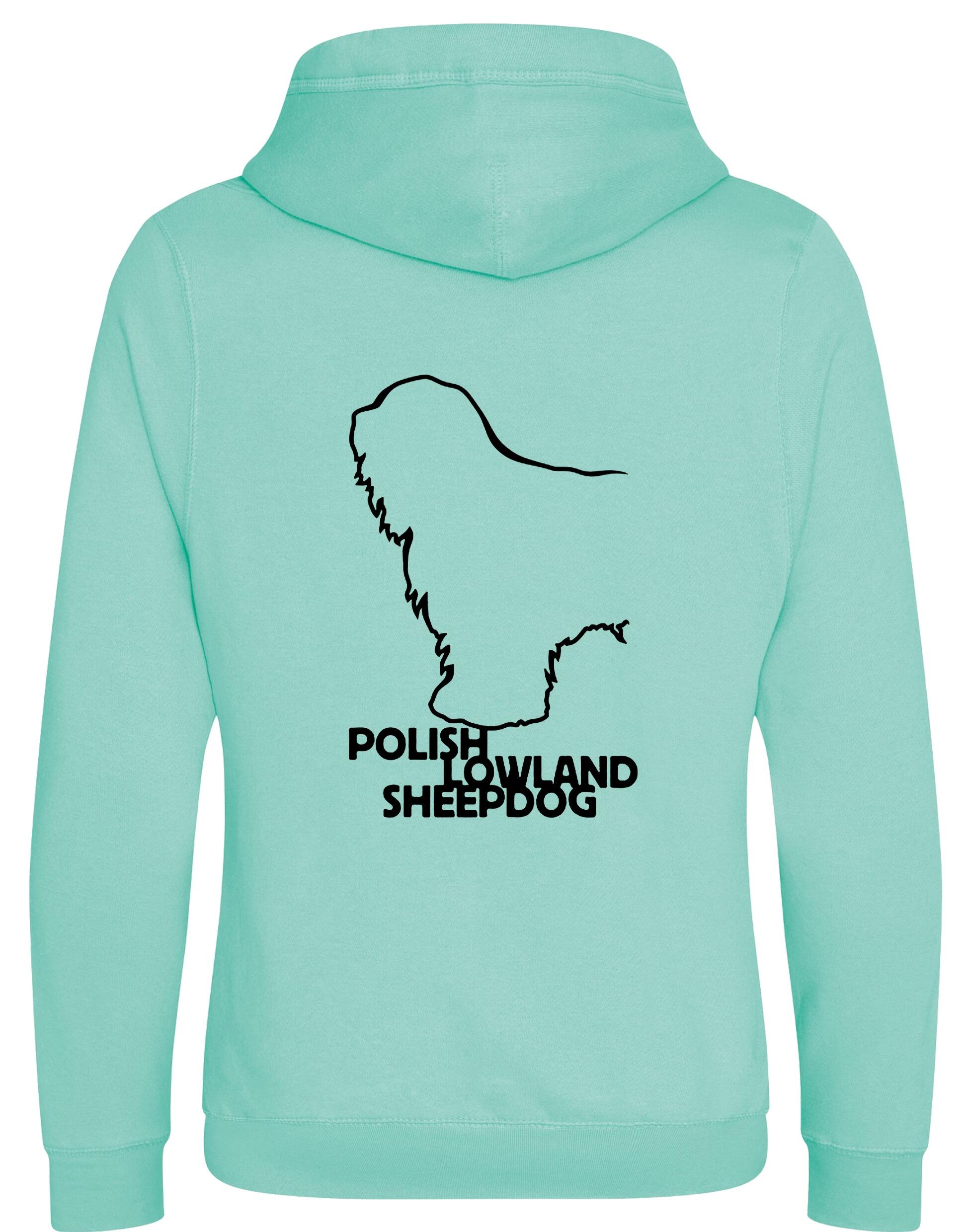 Polish Lowland Sheepdog Crossneck Pullover Hoodie featuring exclusive breed artwork, a modern crossneck design, a fleece interior, and a spacious kangaroo pocket for warmth and style.