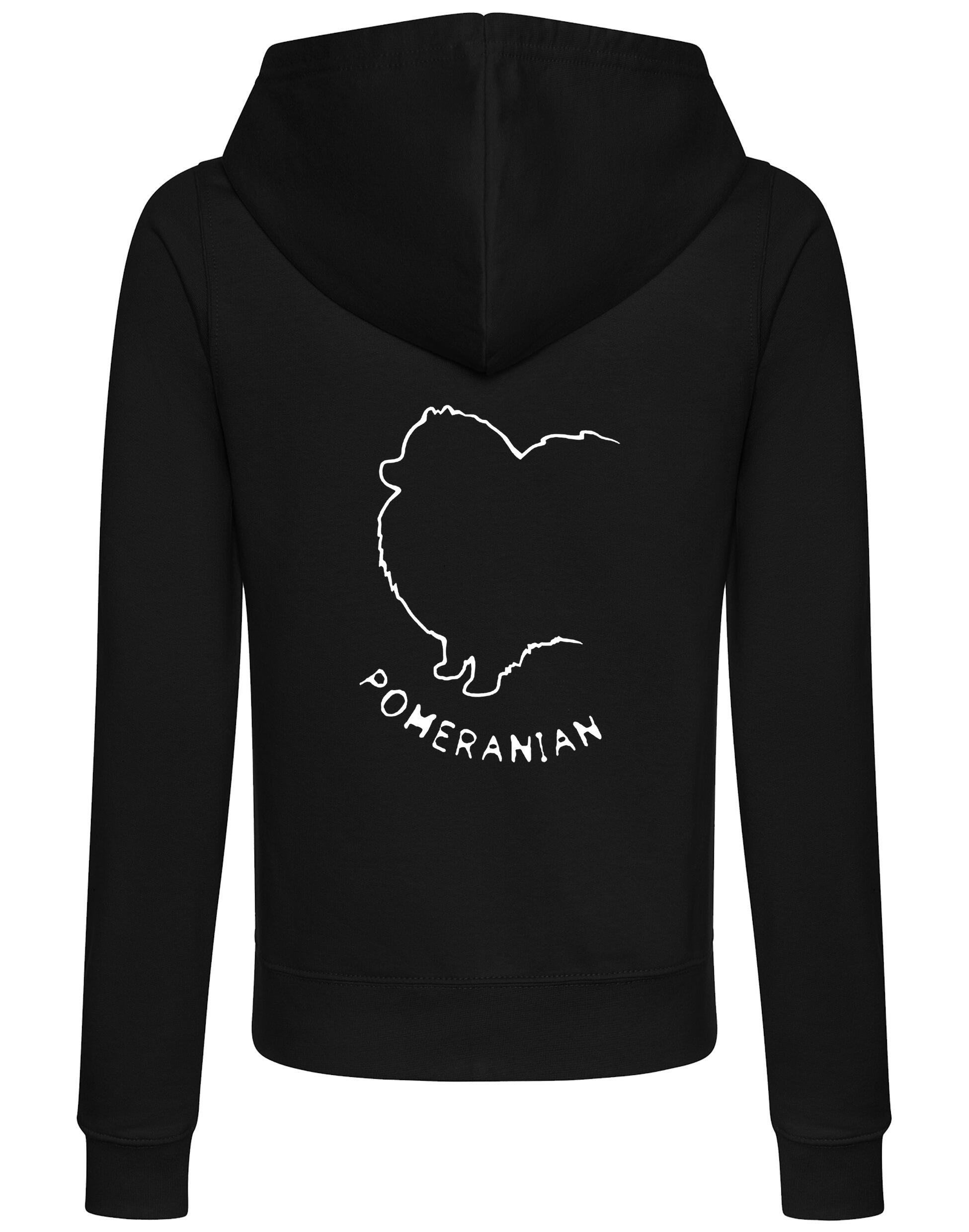 Pomeranian Women’s Zipped Hoodie featuring exclusive breed artwork, a cozy fleece-lined interior, and front pockets for warmth and functionality.