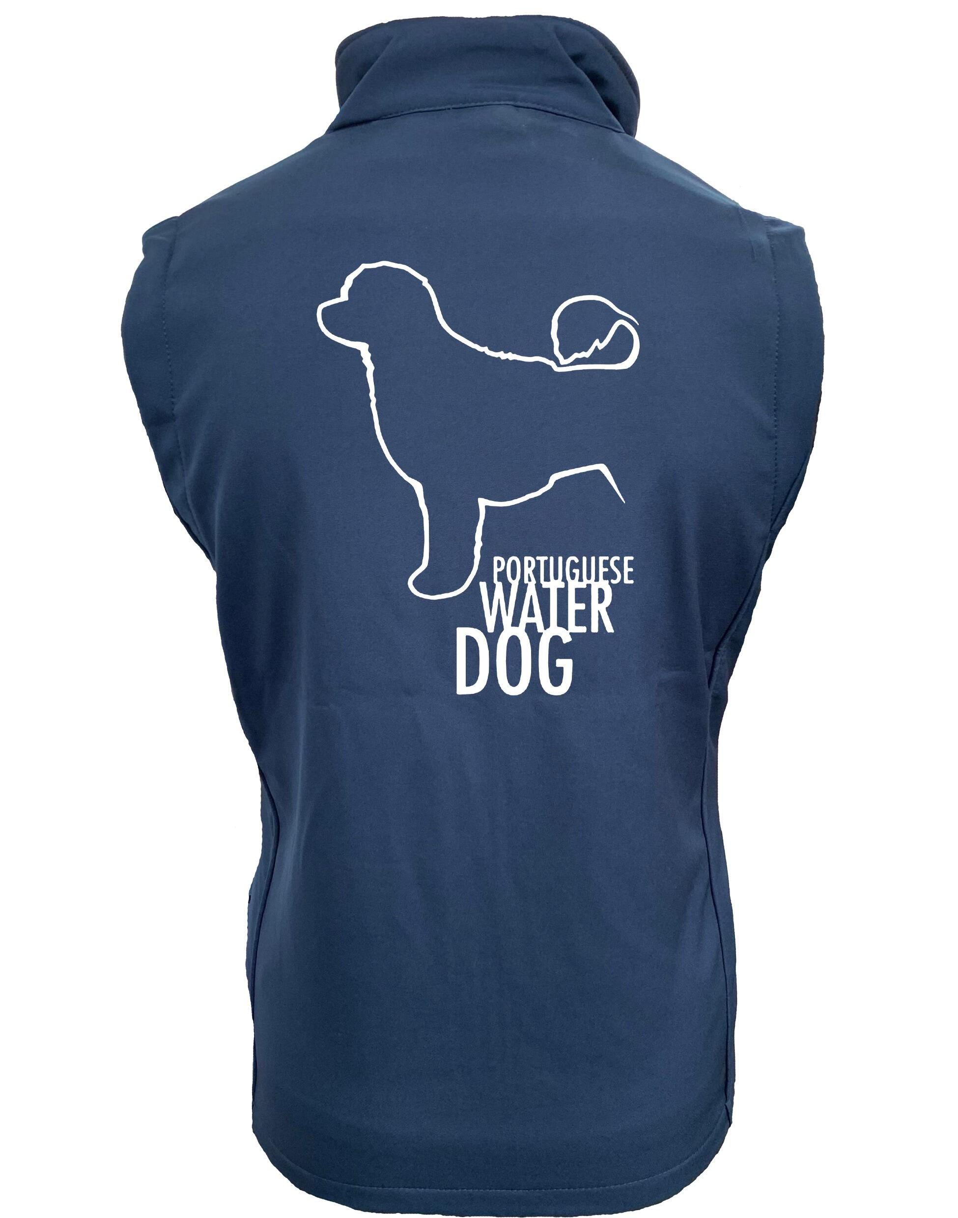 Women’s Portuguese Water Dog Softshell Gilet showcasing exclusive artwork, water-resistant fabric, and practical features for versatile outdoor style.