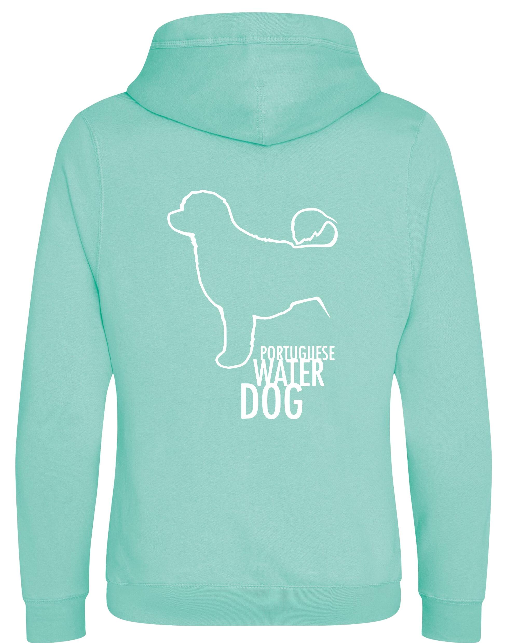 Unisex Portuguese Water Dog Crossneck Pullover Hoodie featuring exclusive breed artwork, premium heavy-blend fabric with a brushed fleece interior, a spacious kangaroo pocket, and ribbed cuffs for stylish, modern comfort.
