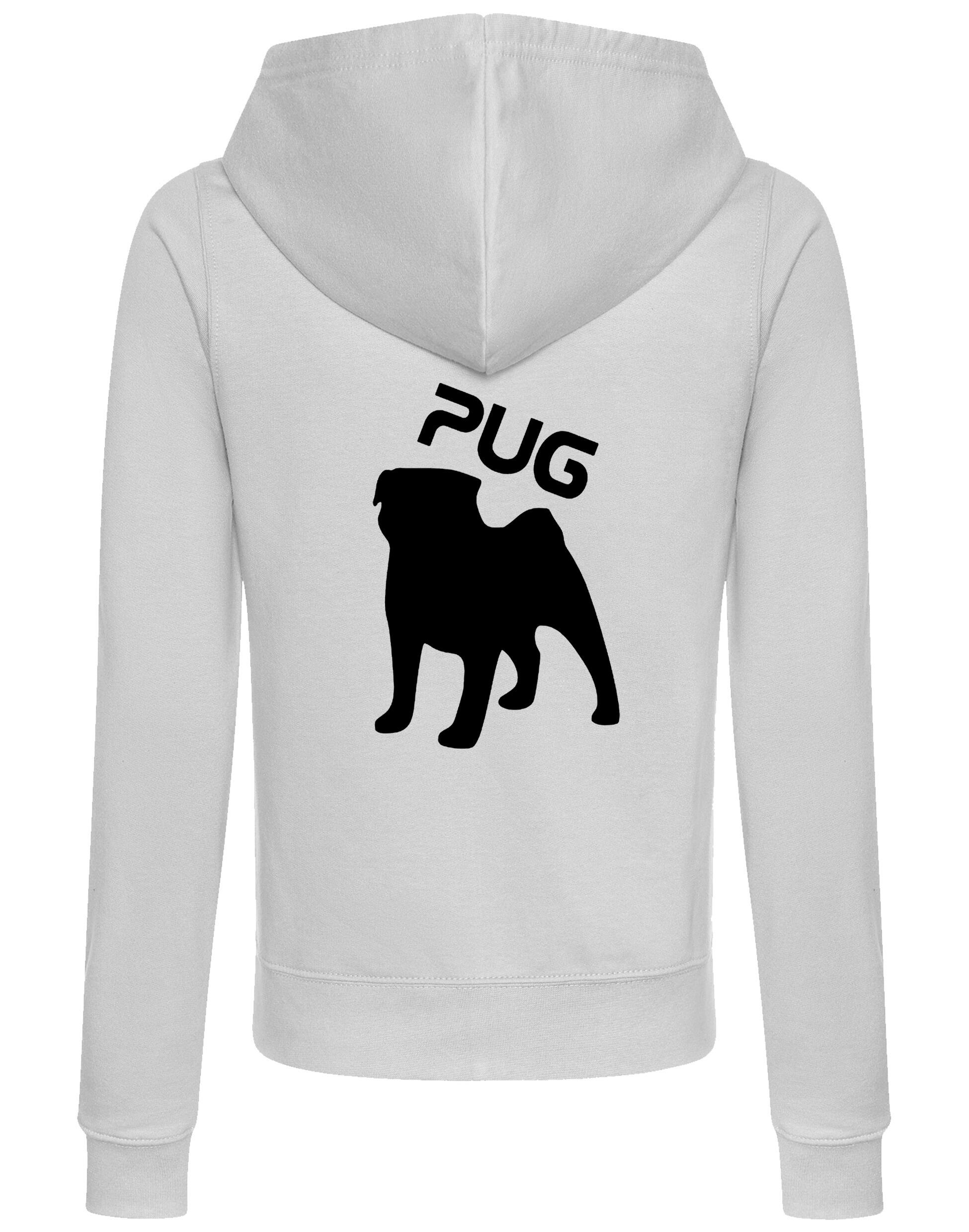 Women's Pug (Silhouette) Zipped Hoodie featuring exclusive silhouette artwork, crafted from premium breathable fabric with a cozy hood and practical front pockets for versatile, stylish outdoor wear.
