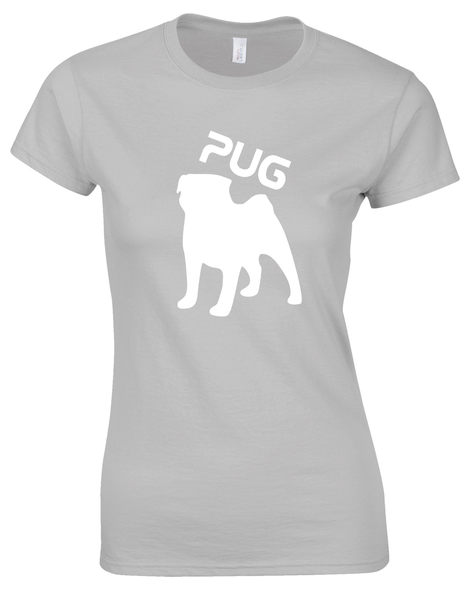 Female Roundneck T-shirt featuring an exclusive Pug (Silhouette) design, crafted from premium breathable cotton for all-day comfort and a flattering feminine fit, perfect for Pug enthusiasts.