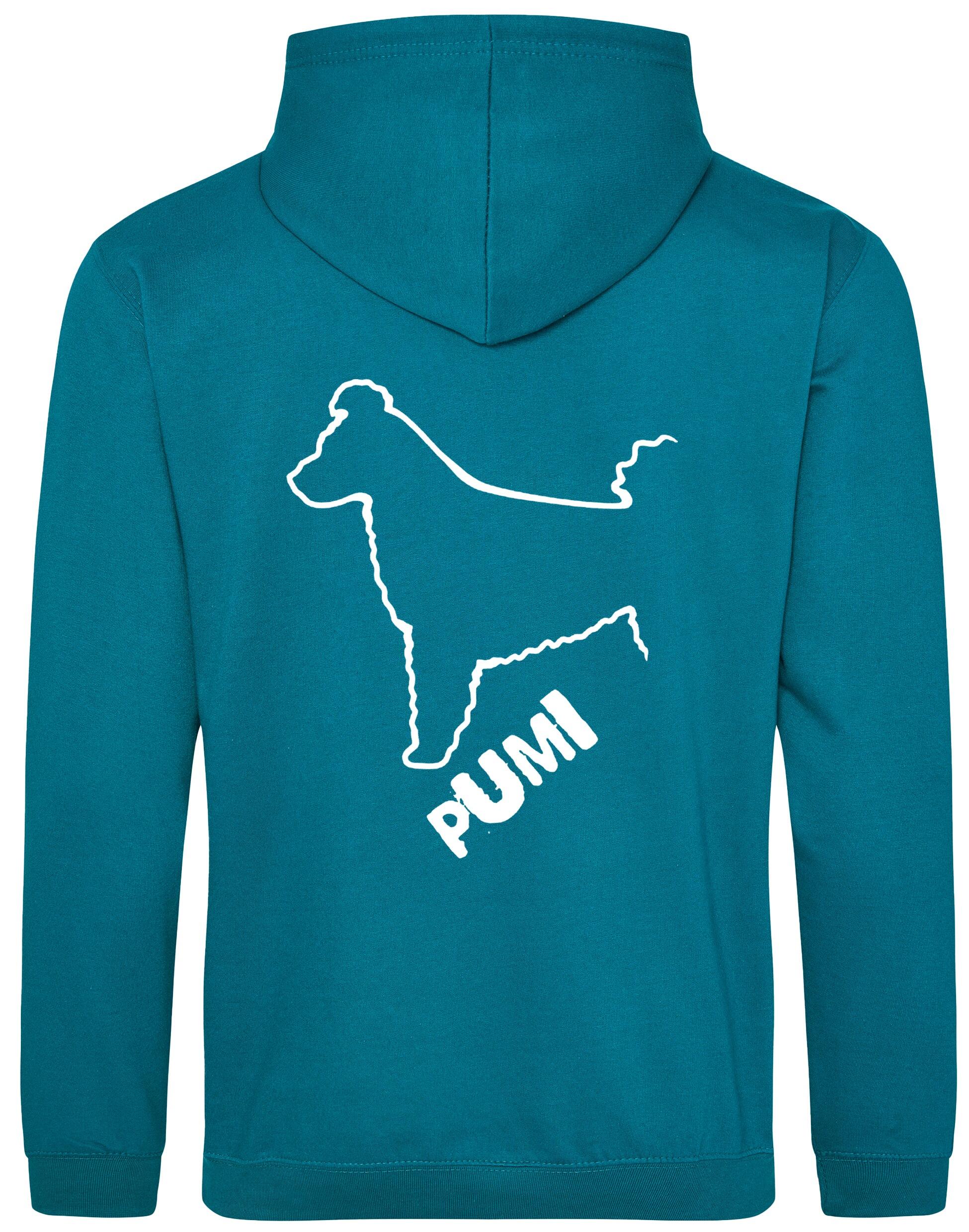 Unisex Hungarian Pumi Design Pullover Hoodie featuring exclusive breed artwork with personalization options, crafted from premium heavy-blend fabric with a cozy brushed fleece interior, ribbed cuffs, and a double-fabric hood for stylish, lasting comfort.