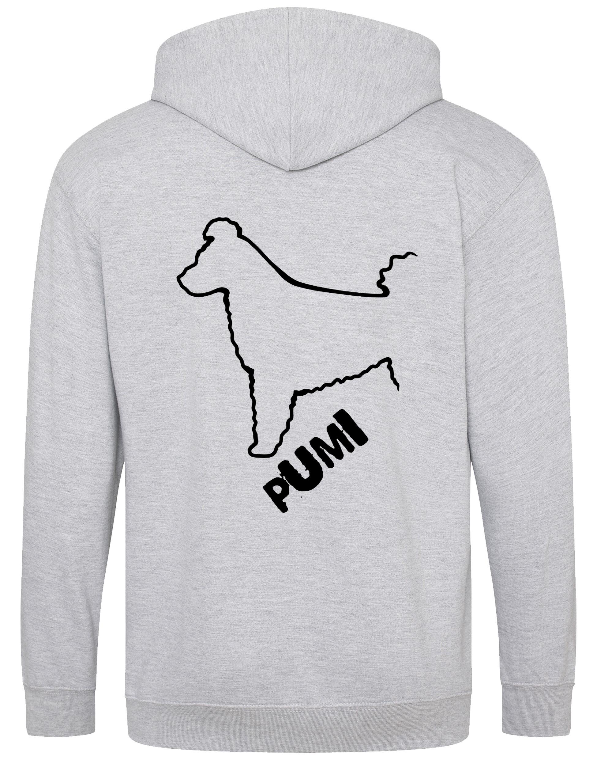 Unisex Hungarian Pumi Zipped Hoodie featuring exclusive breed artwork with personalization options, crafted from premium heavy-blend fabric with a cozy brushed fleece interior, full-zip closure, and a spacious kangaroo pocket for stylish, comfortable outdoor wear.
