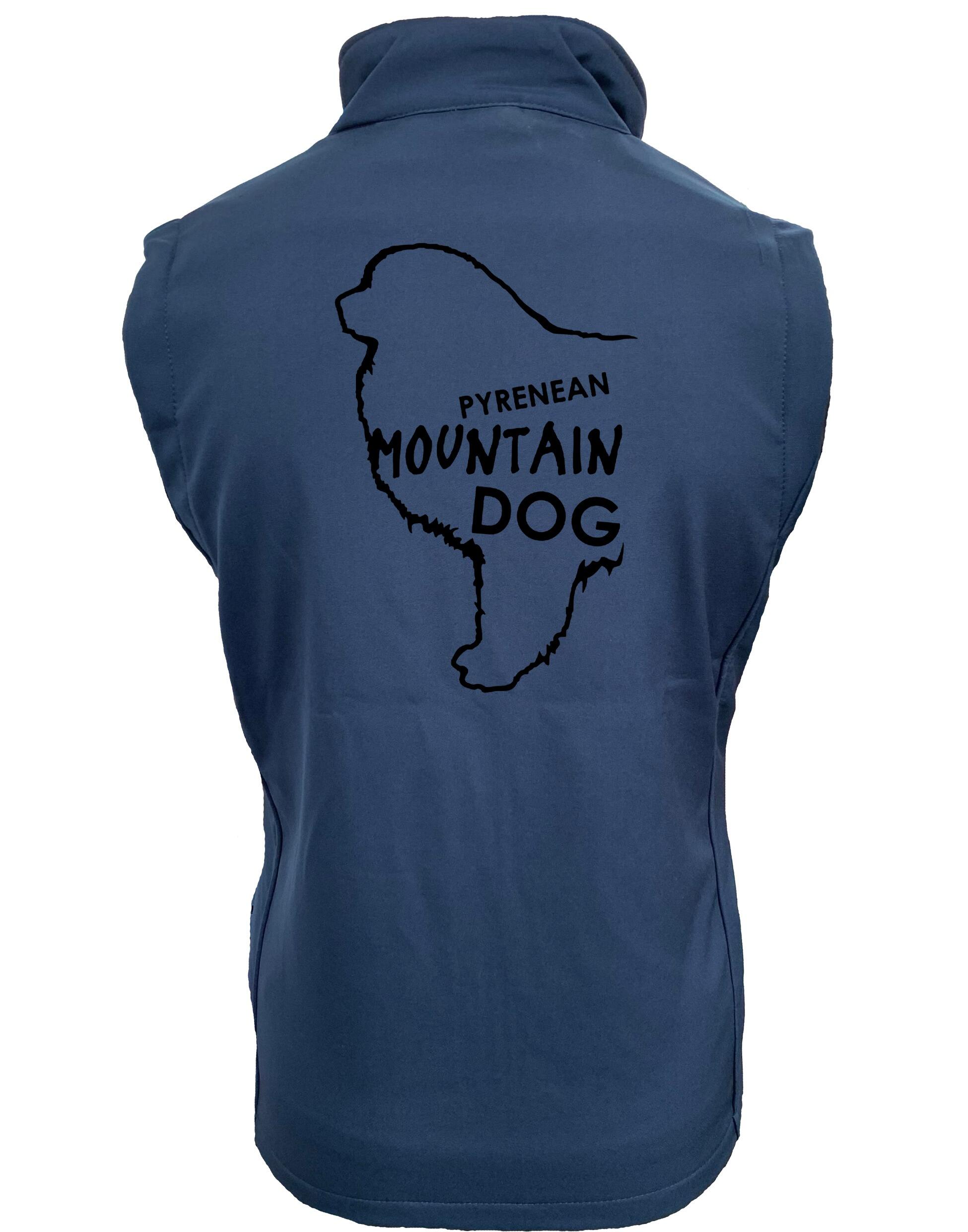 Women's Pyrenean Mountain Dog Softshell Gilet featuring exclusive breed artwork with personalization options, crafted from premium water-resistant fabric with a cozy fleece lining, a full-zip front, and side pockets for stylish, versatile outdoor wear.