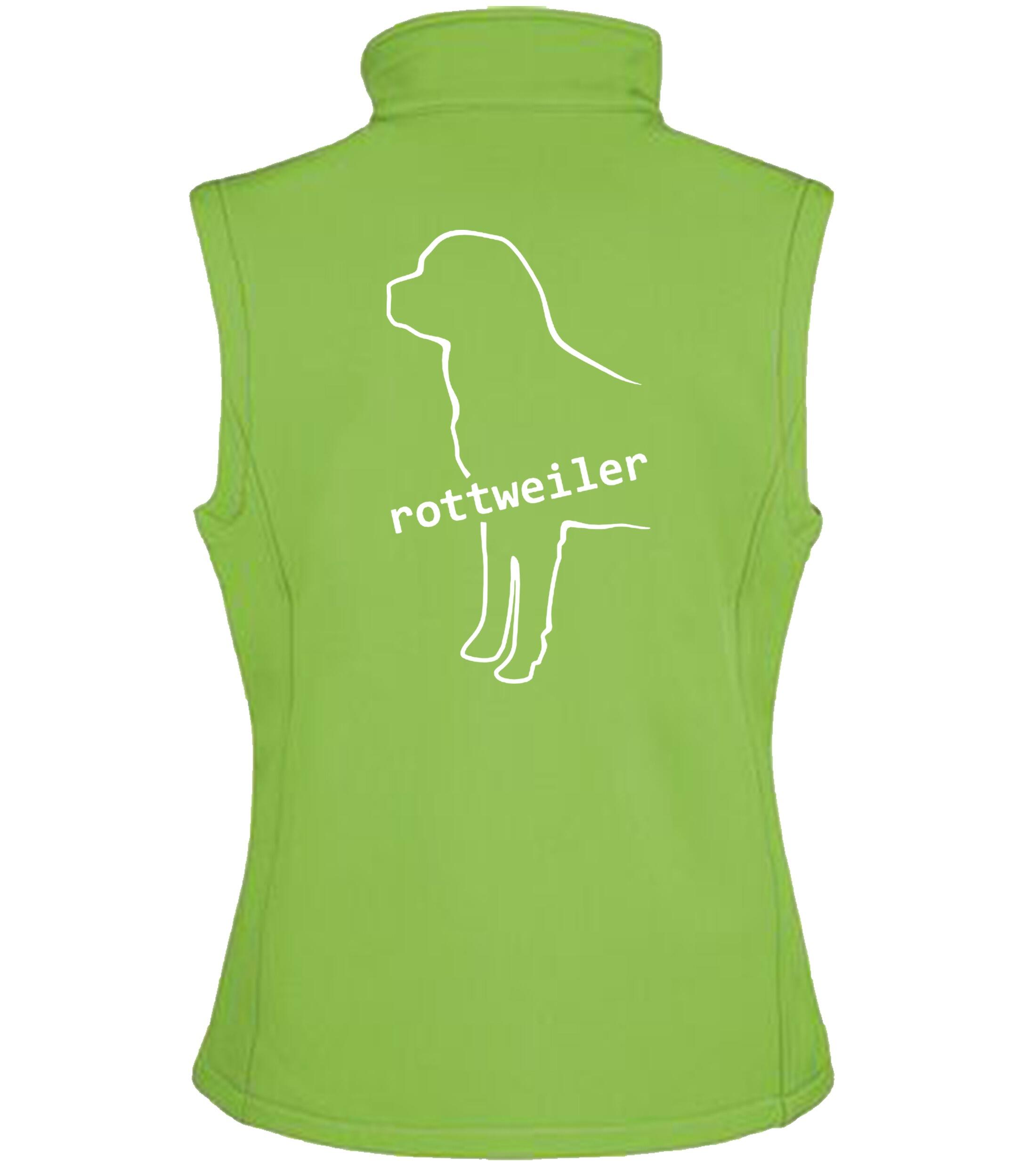 Rottweiler Women’s Softshell Gilet featuring exclusive breed artwork, water-resistant lightweight fabric, tailored feminine fit, full-zip front, and side pockets for comfort, style, and practicality.