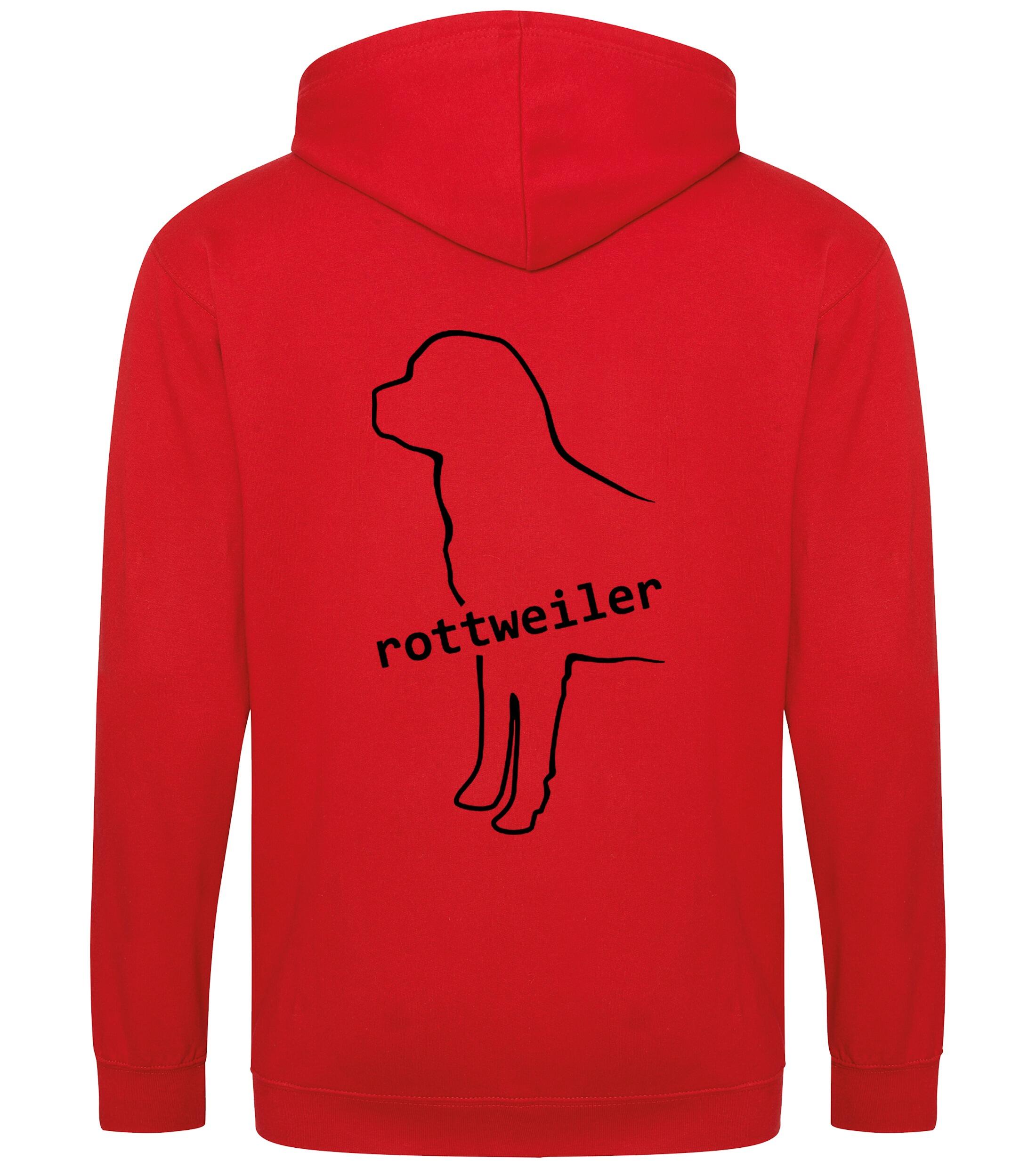 Rottweiler Zipped Hoodie featuring exclusive breed artwork, soft fleece interior, heavy-blend fabric, full-zip closure, double-fabric hood, spacious front pockets, and personalization options for breed enthusiasts.