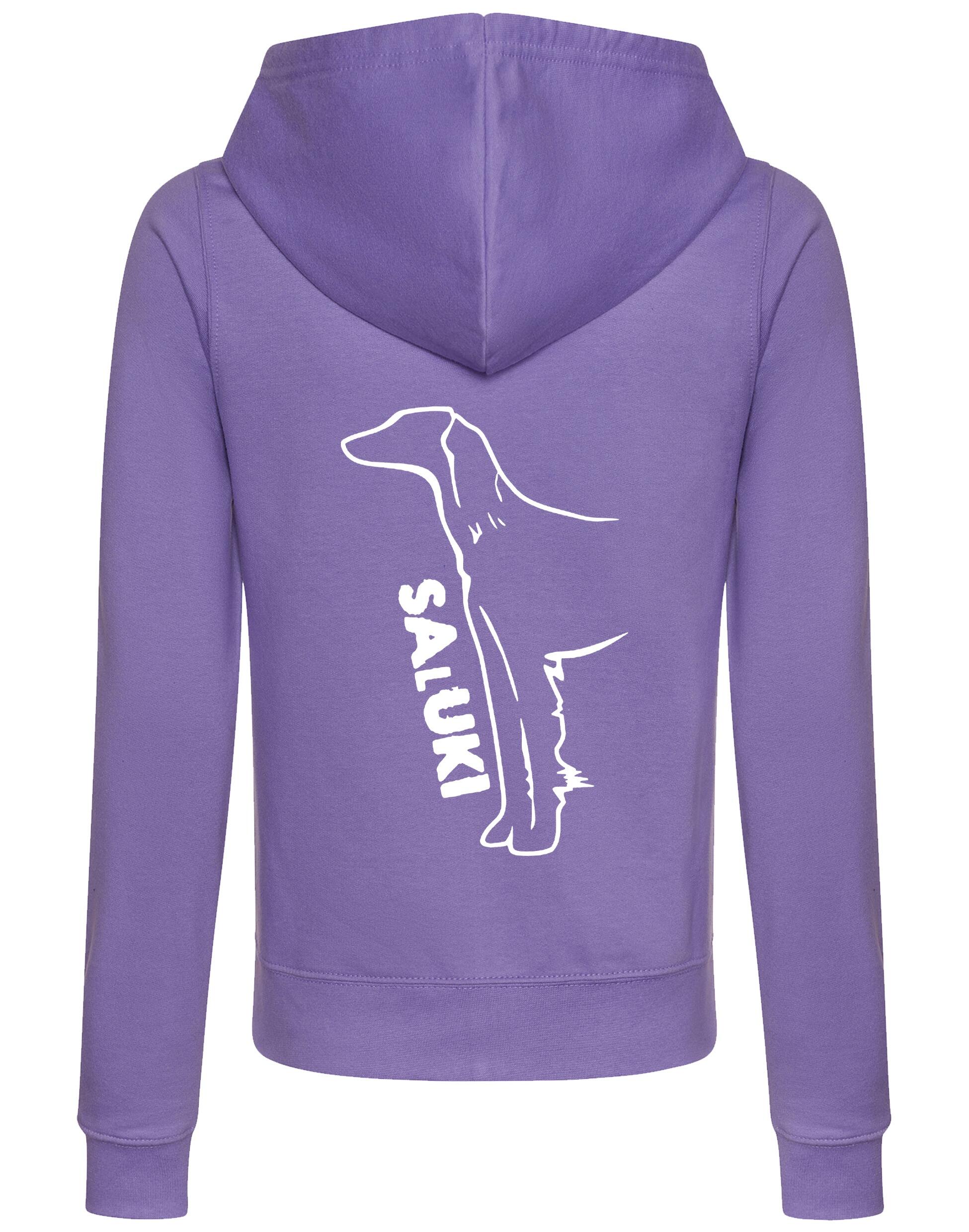 Saluki Women’s Zipped Hoodie featuring exclusive breed artwork, soft breathable fabric, flattering feminine fit, full-zip closure, cozy hood, and practical front pockets for breed enthusiasts.