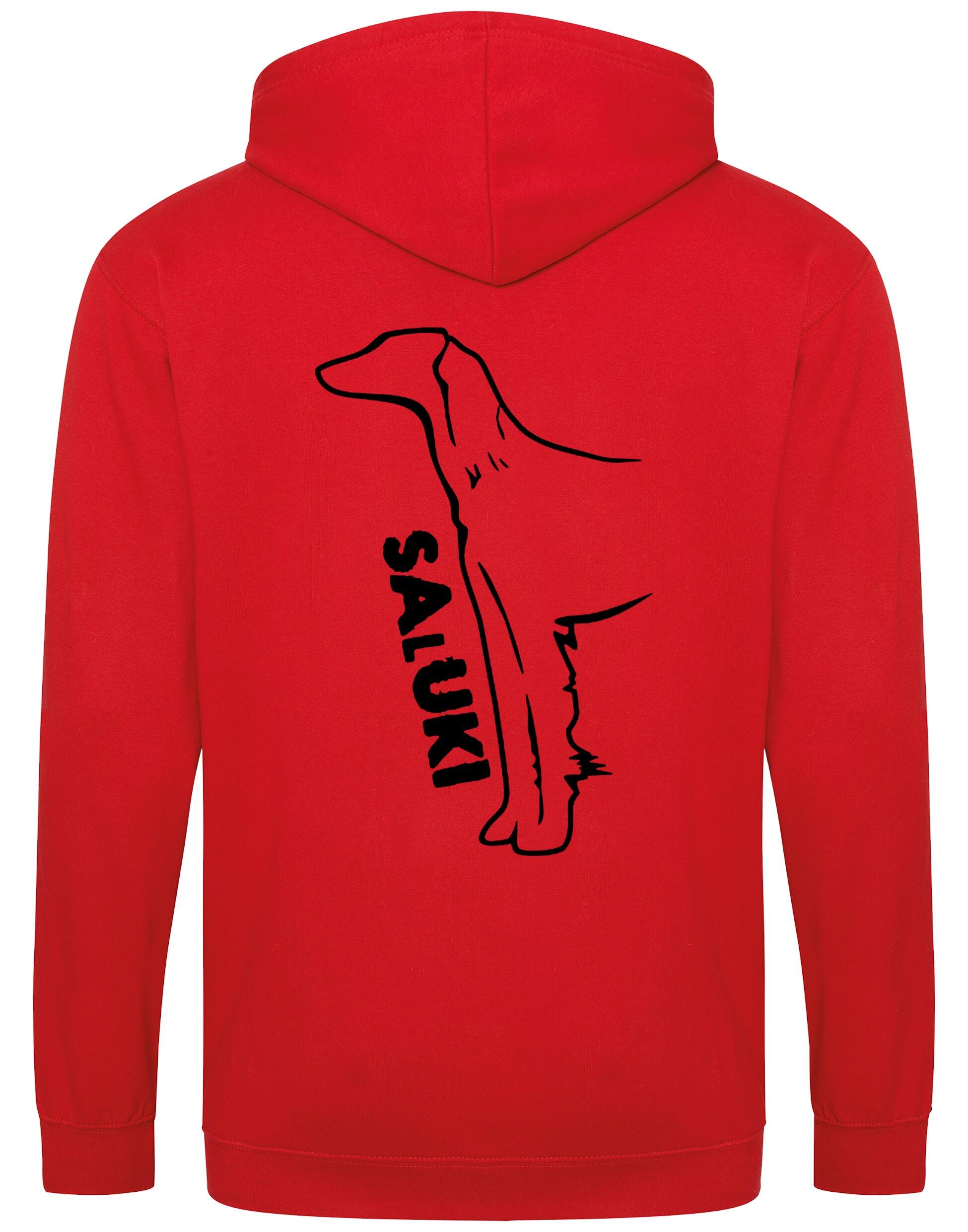 Saluki Zipped Hoodie featuring exclusive breed artwork, soft fleece interior, heavy-blend fabric, full-zip closure, double-fabric hood, spacious front pockets, and personalization options for breed enthusiasts.