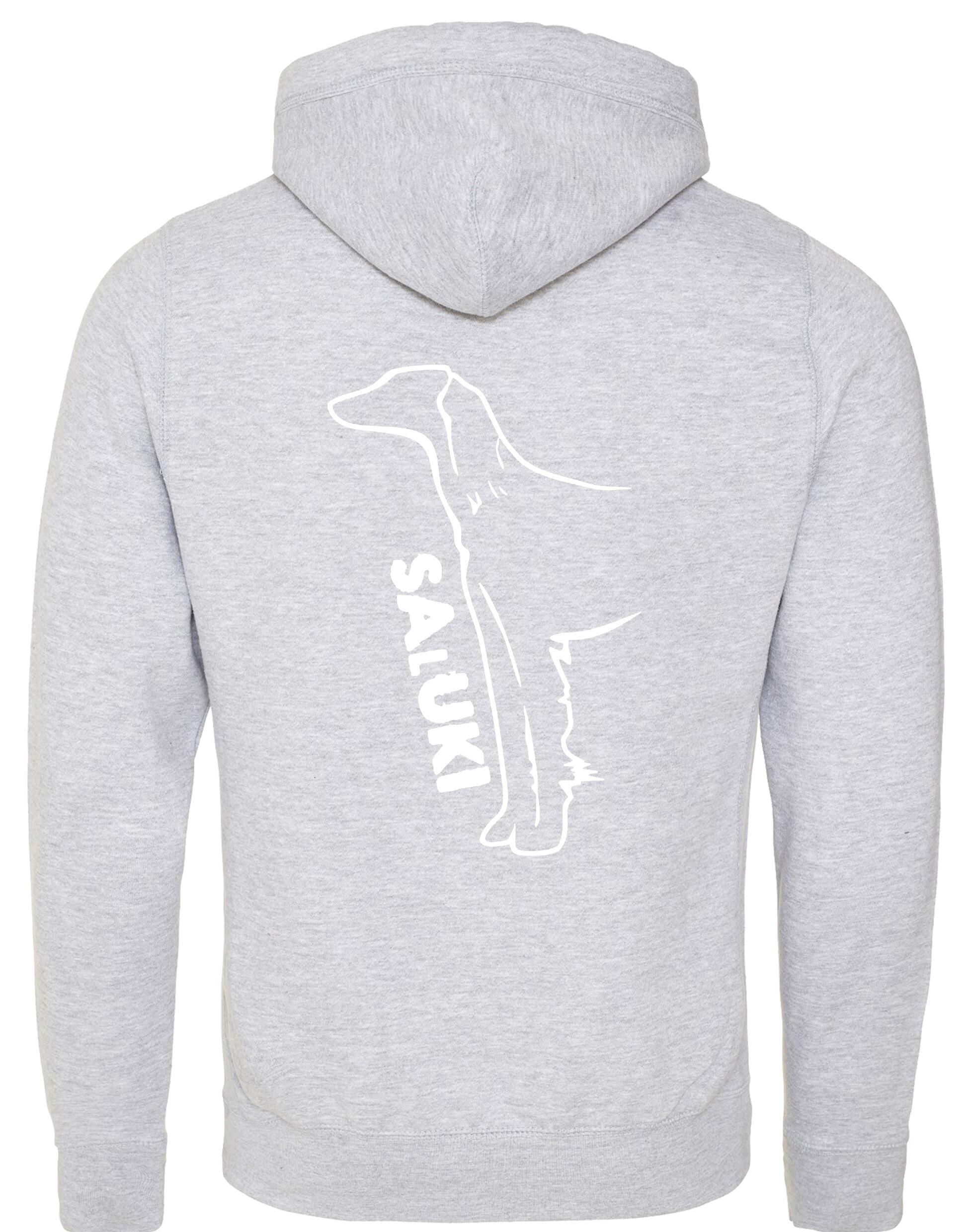 Saluki Crossneck Pullover Hoodie featuring exclusive breed artwork, soft fleece interior, heavy-blend fabric, modern crossneck design, kangaroo pocket, ribbed cuffs and hem, and relaxed unisex fit for breed enthusiasts.