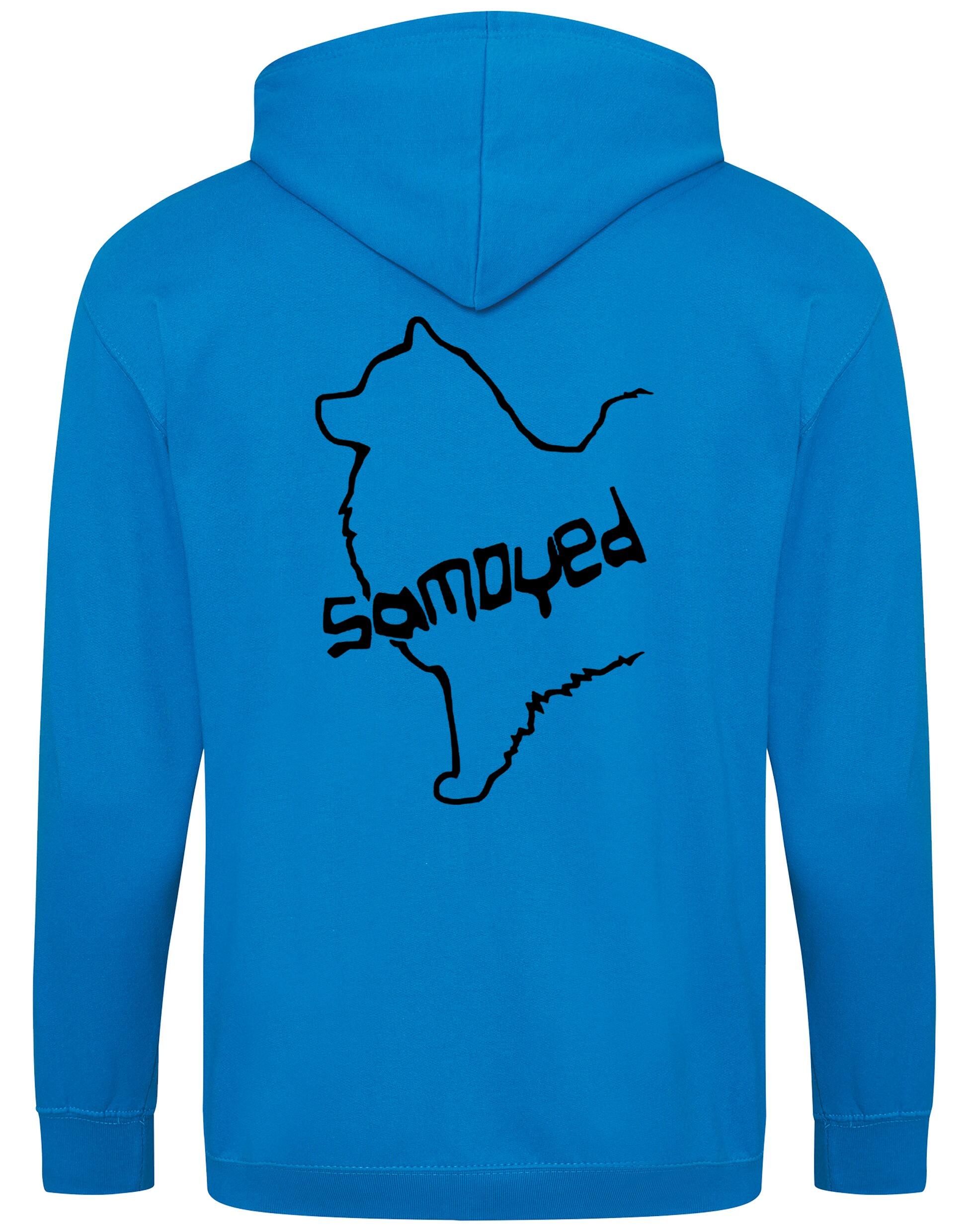 Samoyed Zipped Hoodie featuring exclusive breed artwork, soft fleece interior, heavy-blend fabric, full-zip front, double-fabric hood, spacious front pockets, and personalization options for breed enthusiasts.