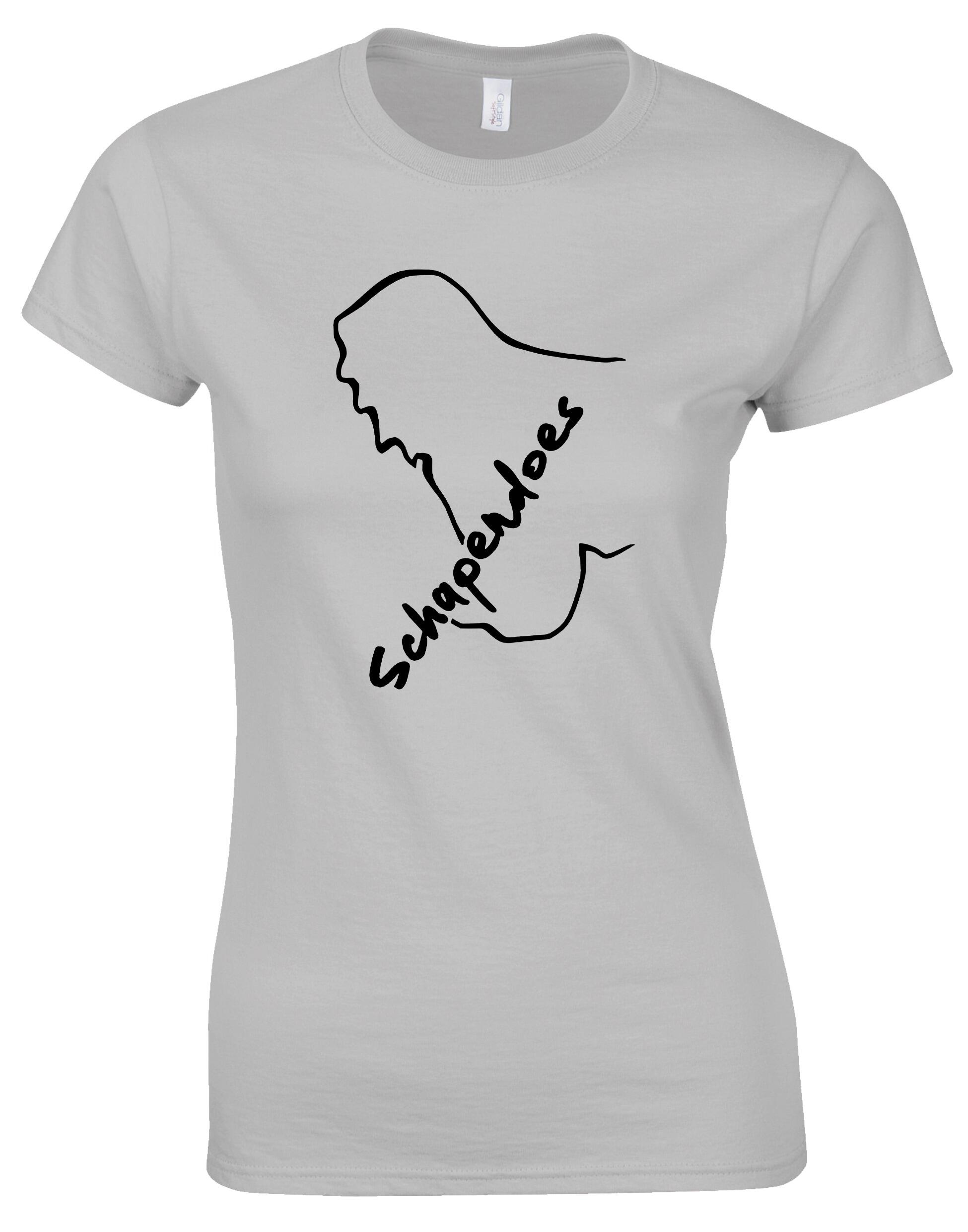 Female Roundneck T-shirt featuring exclusive Schapendoes artwork, soft breathable cotton fabric, tailored feminine fit, and classic round neckline – perfect for breed enthusiasts.