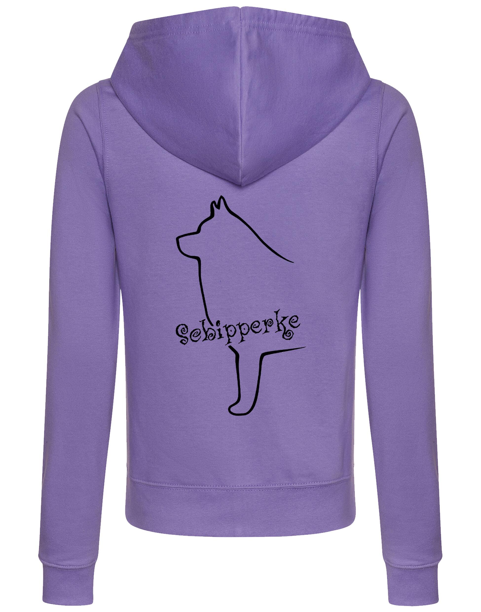 Women's zipped hoodie featuring exclusive Schipperke design, showcasing a detailed breed graphic on the back, with a cozy hood and practical front pockets.