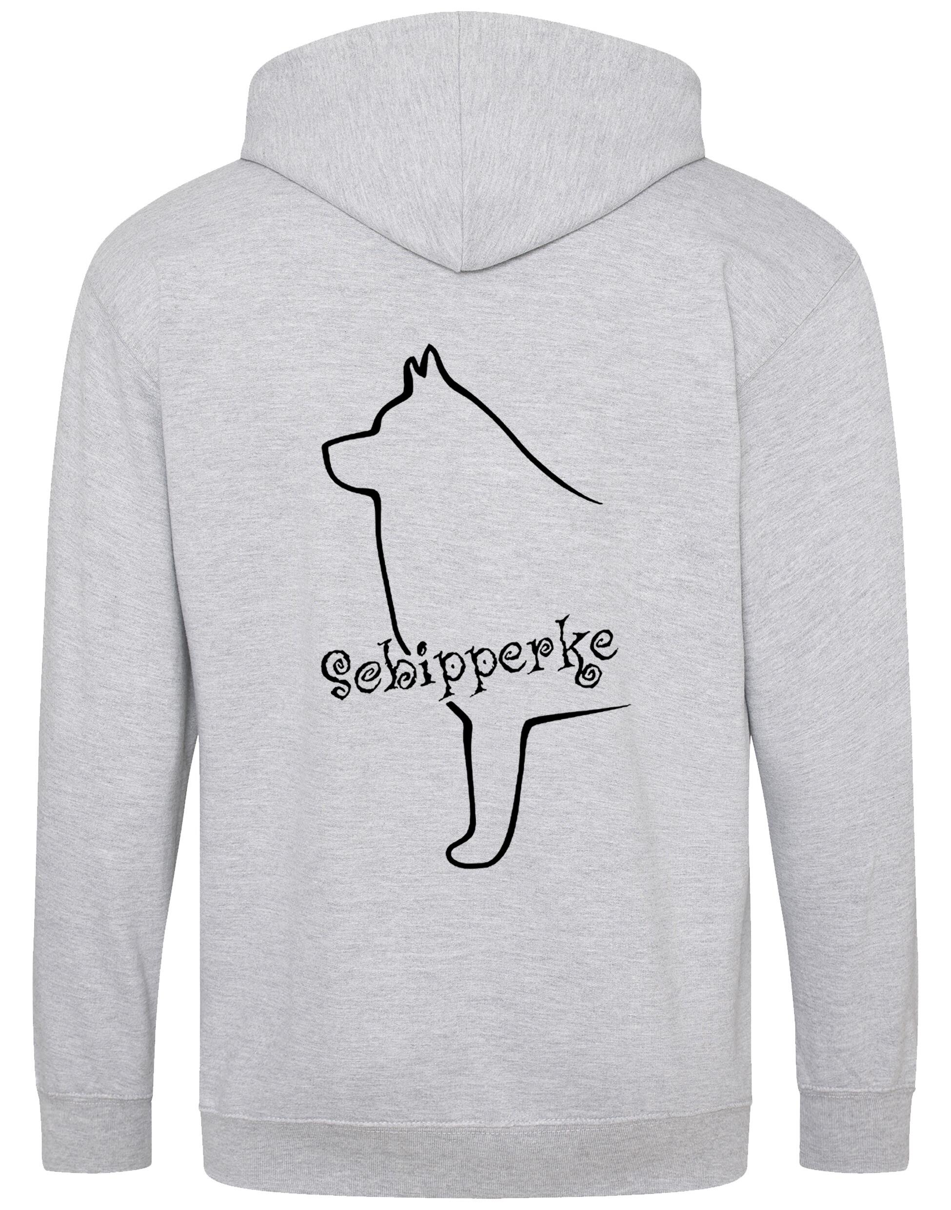 Zipped hoodie featuring exclusive Schipperke design, showcasing detailed breed artwork on the back, with a cozy double-fabric hood and spacious front pockets.