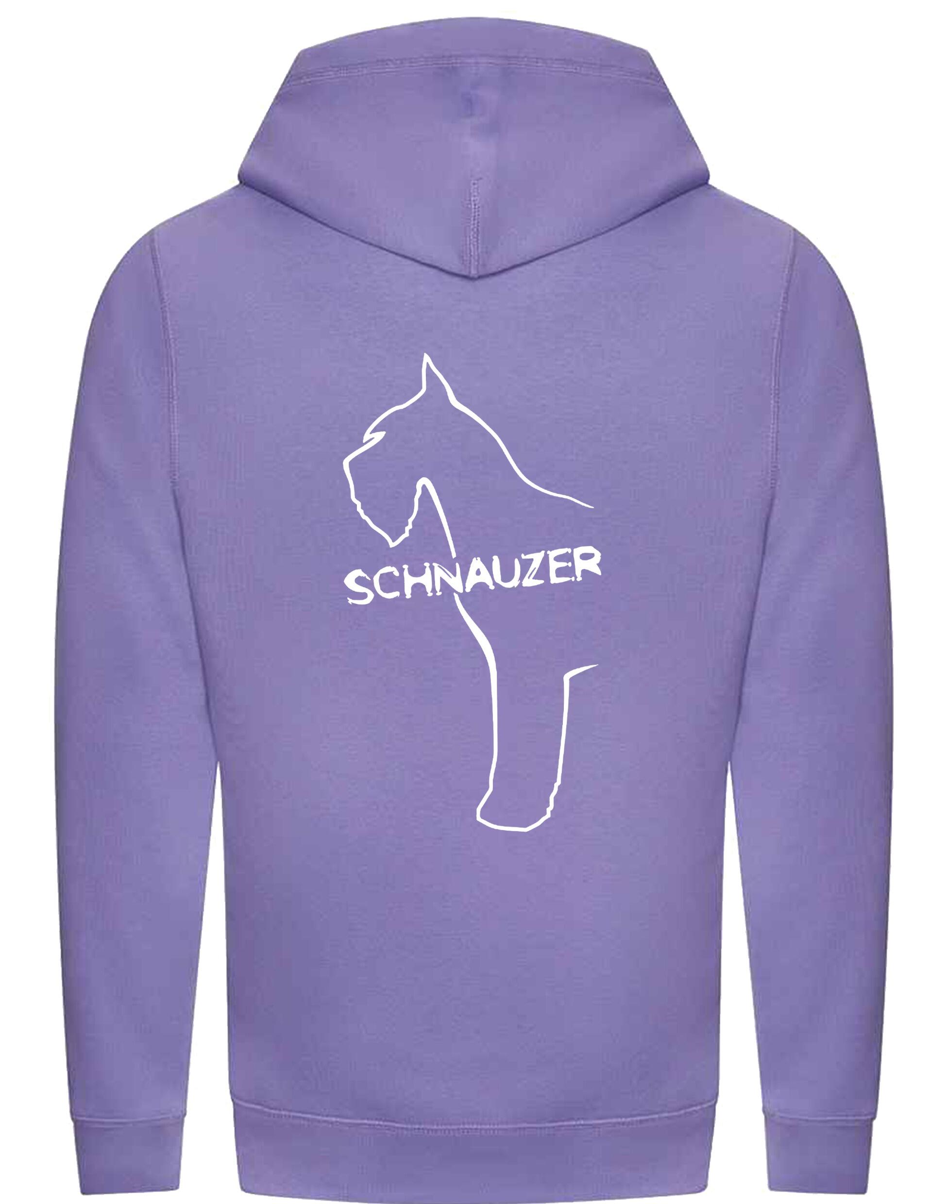 Schnauzer Unisex Crossneck Pullover Hoodie featuring exclusive breed artwork on the back, kangaroo pocket, ribbed cuffs, and brushed fleece lining for extra warmth and comfort. Ideal for Schnauzer enthusiasts and outdoor activities.