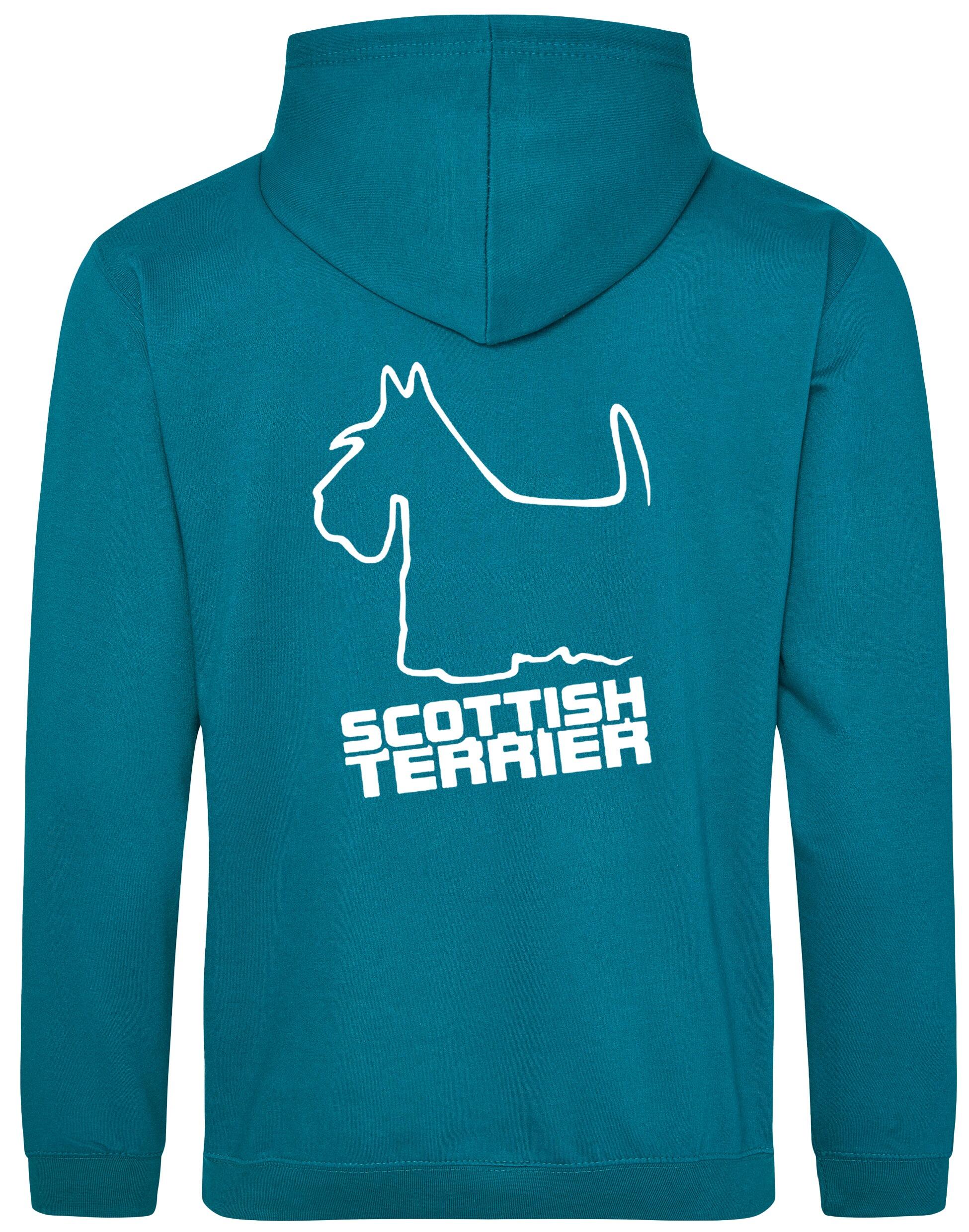 Scottish Terrier Design Pullover Hoodie with exclusive artwork, heavy-blend fabric, double-fabric hood, and paw print detail.
