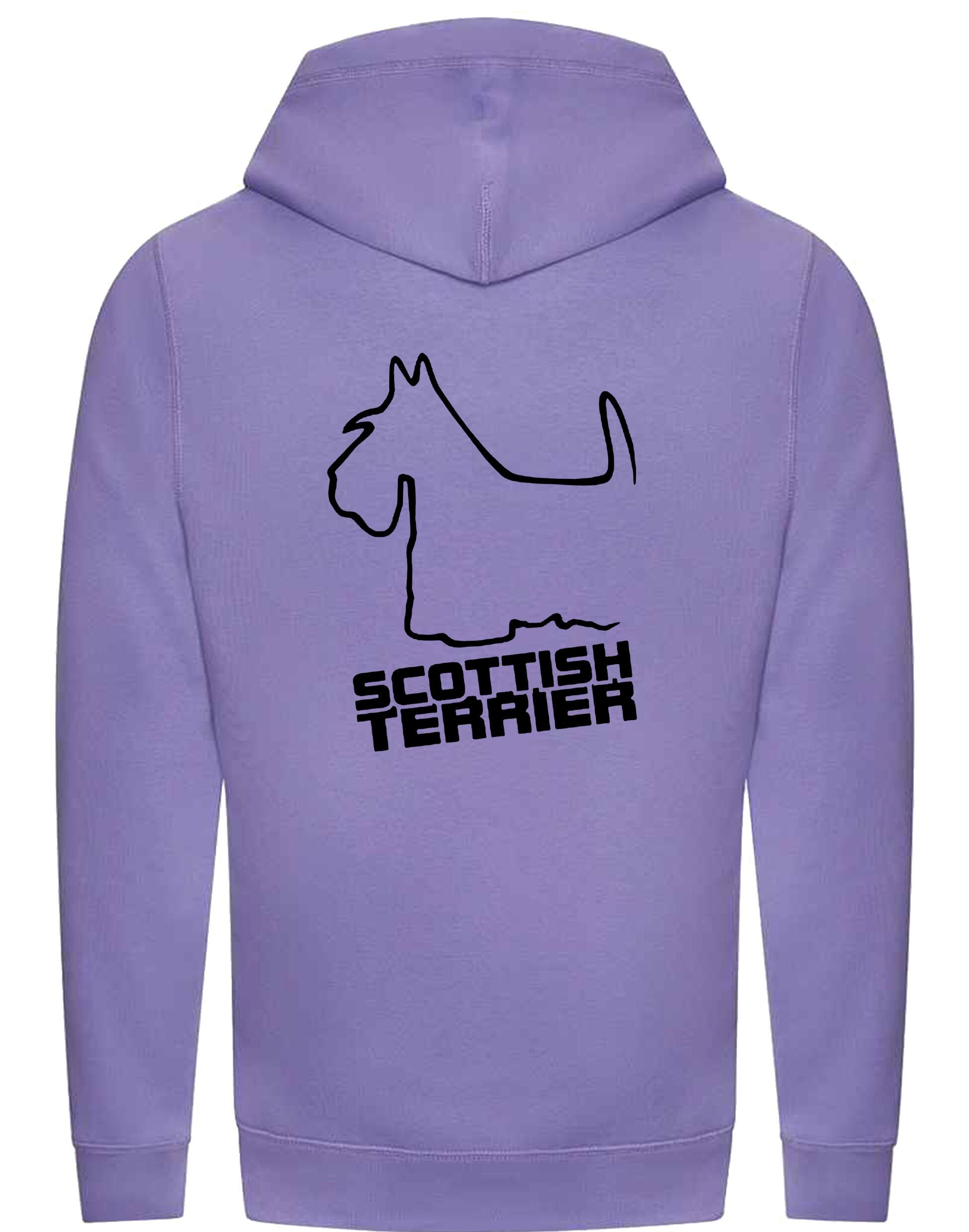 Scottish Terrier Crossneck Pullover Hoodie with exclusive breed artwork, modern crossneck design, brushed fleece lining, and kangaroo pocket.