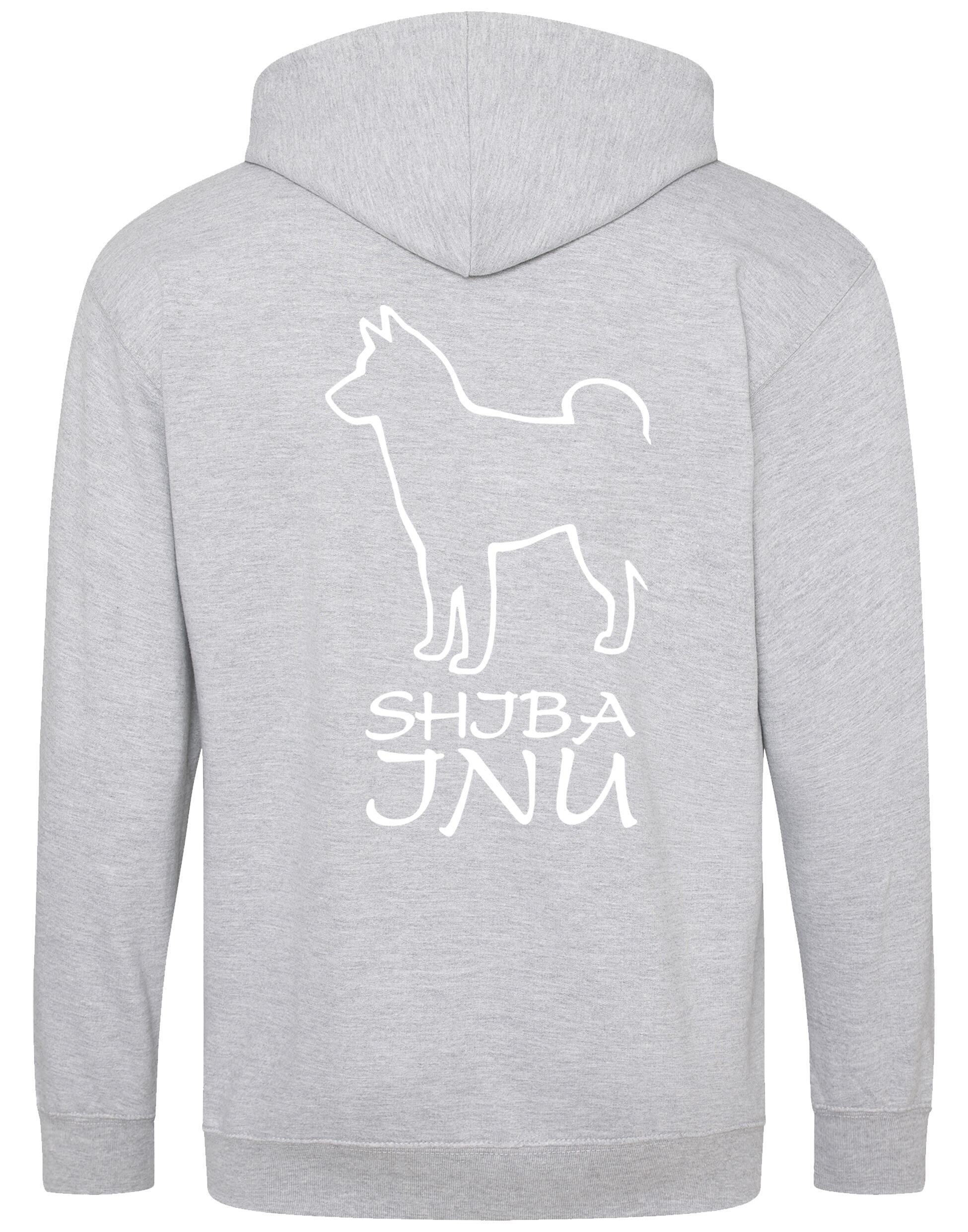 Unisex zipped hoodie featuring exclusive Shiba Inu artwork on the back, paw prints on the front, full-length zip, cozy brushed fleece lining, and front pockets – ideal for breed enthusiasts.
