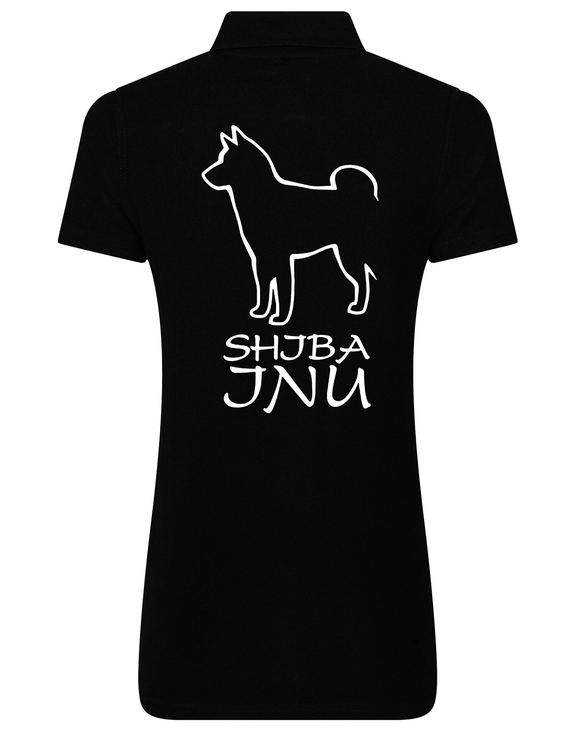 Women's cotton polo shirt featuring exclusive Shiba Inu artwork on the back, designed with a flattering feminine fit and breathable fabric, ideal for casual outings and breed events.