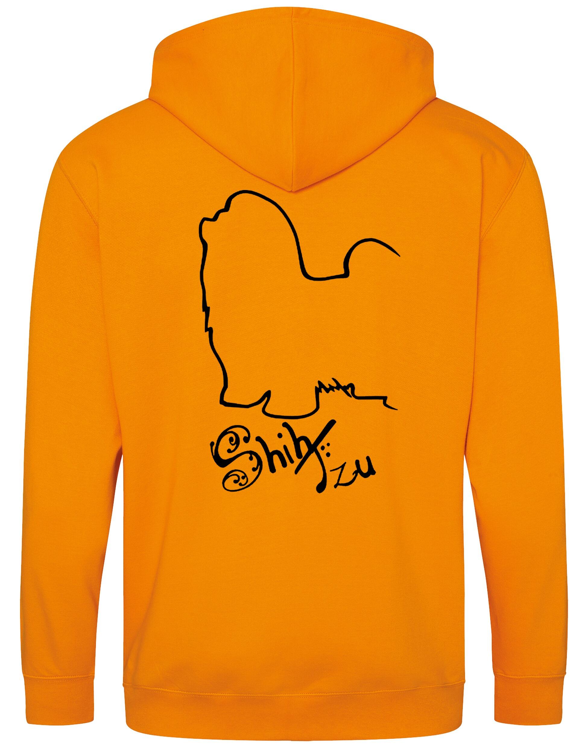 Shih Tzu zipped hoodie with paw prints on the front and detailed breed design on the back, full-zip style with hood and pockets, perfect for breed lovers.