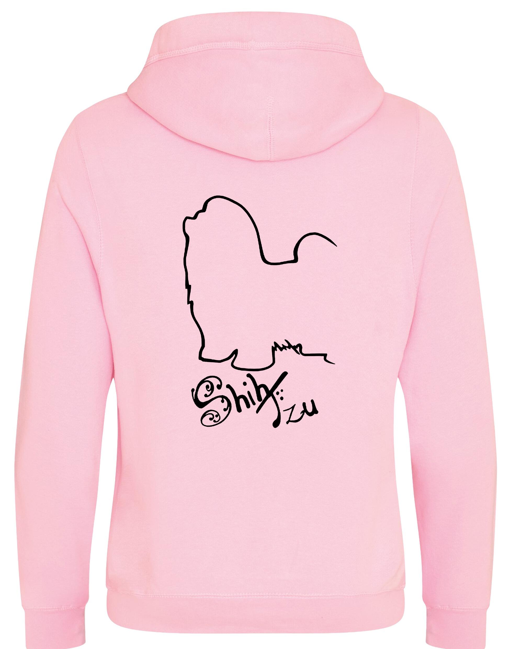 Unisex Shih Tzu crossneck hoodie with fleece lining and detailed breed design on the back, featuring kangaroo pocket and modern collar style.